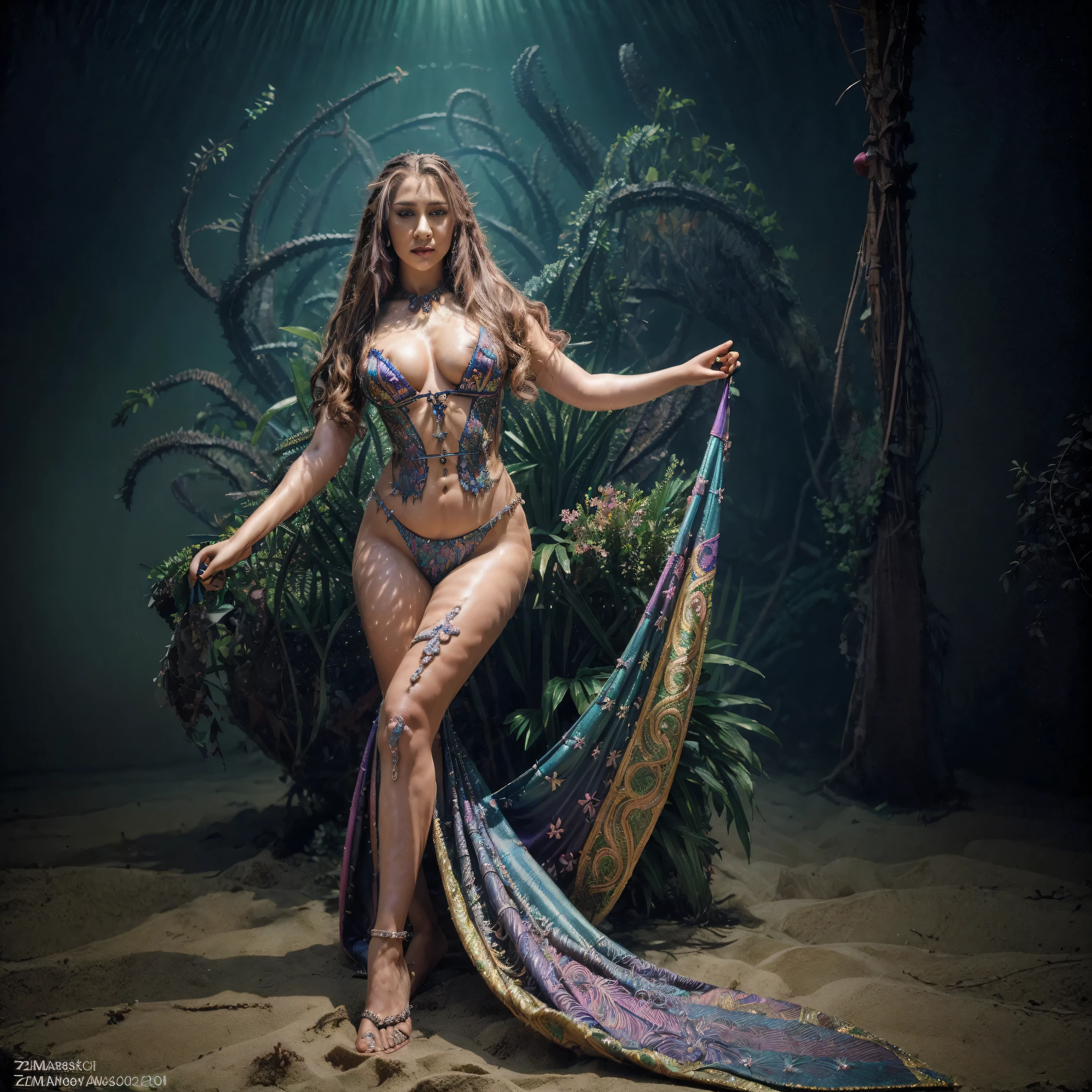 (masterpiece, top quality, best quality, official art, beautiful and aesthetic:1.8), (1girl:1.3), extremely detailed, (colorful:1.5), (20 years old), blonde hair, Anna semenovich, A sexy fat voluptuous mature obese, ( very full body, very full figure, very curvy, chubby, navel, very thicc, very thick, fat thighs), (stomach obese), highest detailed,(zentangle:1.4), full body, (shiny skin), (super detailed anatomi), (super detailed face), (scary joker beauty makeover), (((most unique costume))), A breathtaking mermaid with iridescent scales and long, flowing hair swims gracefully through a coral reef filled with colorful fish. Sunlight filters through the water, creating a magical atmosphere. (dark lighting), she is standing in the sand,
