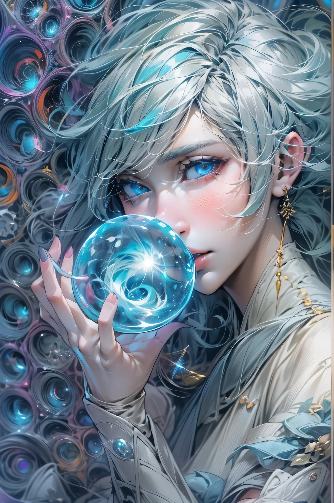 (masterpiece, top quality, best quality, official art, beautiful and aesthetic:1.2), (1 naked girl:1.2), cute, extreme detailed,(abstract:1.4, fractal art:1.3),(silver and blue_hair:1.1), blue eyes,colorful,highest detailed, Beautiful girl trapped inside a big soap bubble,Game of Thrones,Tai Chi,