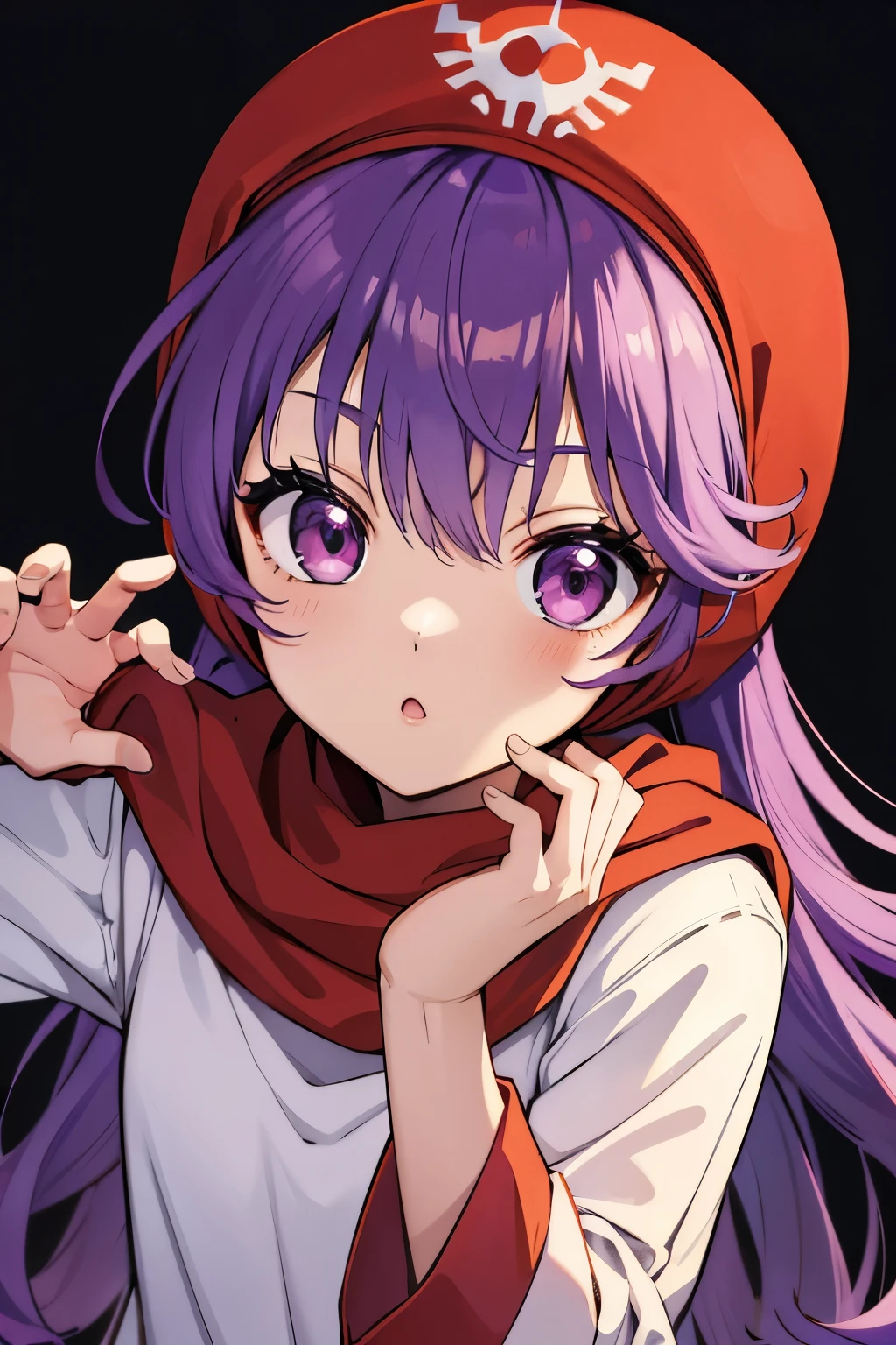 nsfw,dqPOM,red hood, purple hair, robe,Top image quality,Masterpiece,simple background