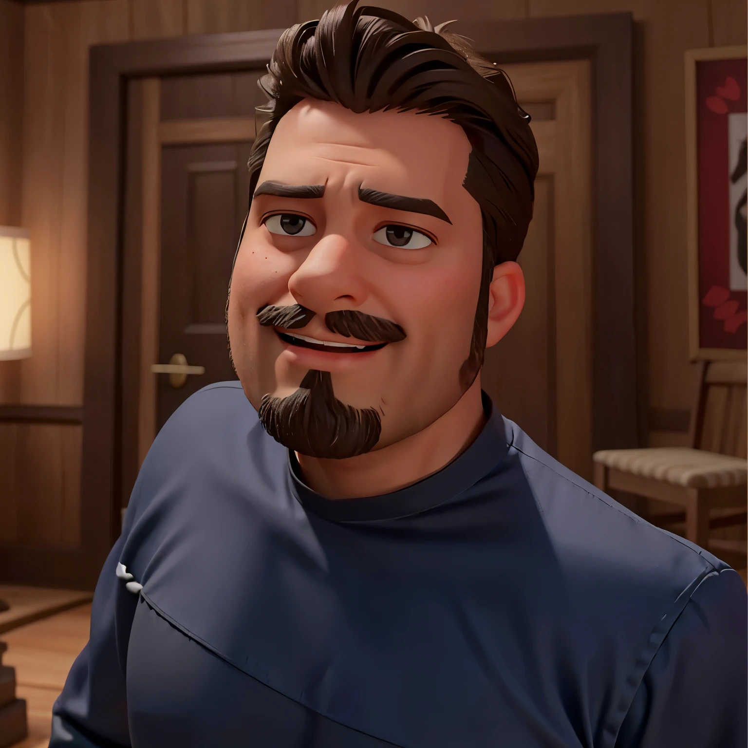 There's a man with a small beard, black shirt with Disney Pixar style with full body running in an animated forest black pants blue shirt!