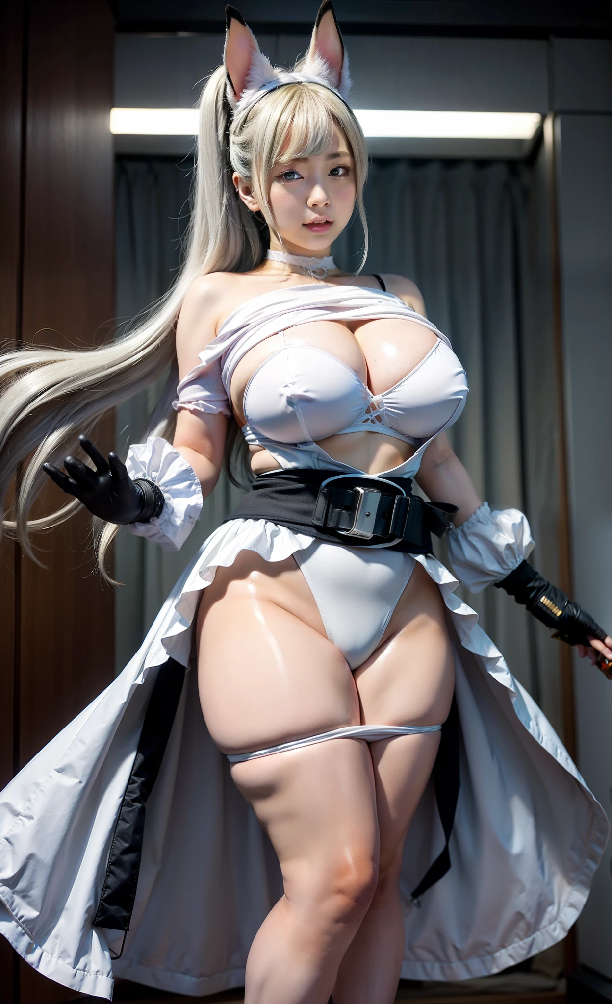 Anime girl in a white dress with bunny ears and a sword, best anime 4k konachan wallpaper, Hajime Yatate, Seductive Anime Girl, biomechanical oppai, white haired god, nightcore, from the azur lane videogame, scales covering her chest, azur lane style, Ahegao, badass anime 8 K, an oppai cyberpunk