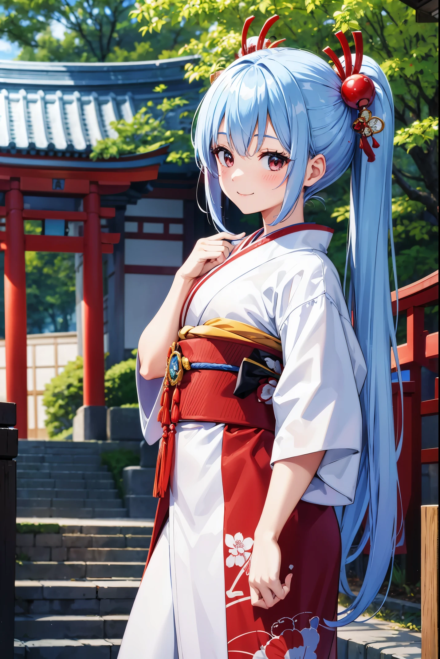 Super Idol Japanese white and red kimono a beauty girl Looking at the camera Black eyes adorable smiling blue hairs long Twin-tailed shrines