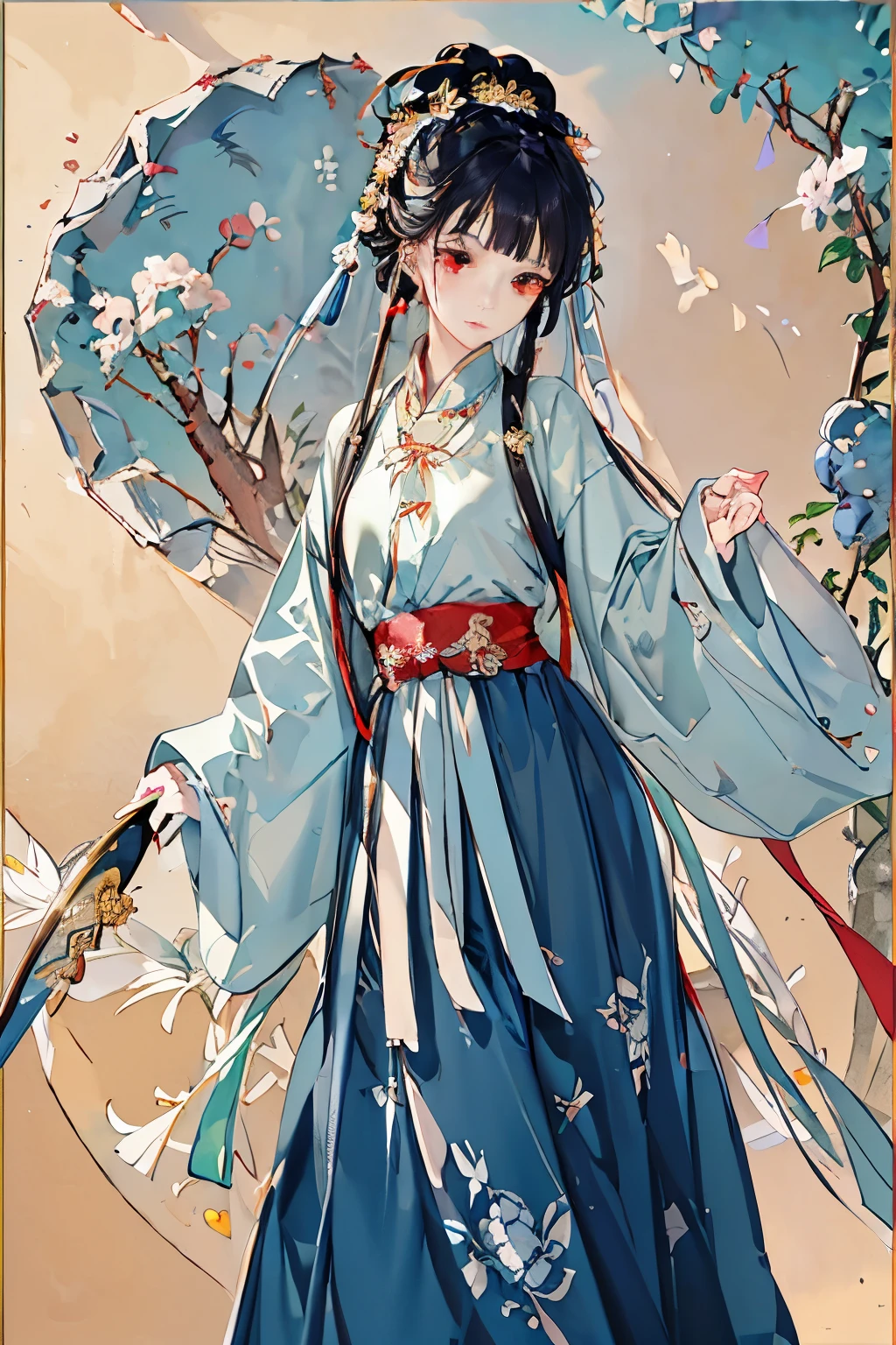 Best quality,Complicated details,A high resolution,(Beautiful and delicate water:1.4),(Hanfu,Tang Feng),red eyes,(A boy with a sword at his waist:1.1),