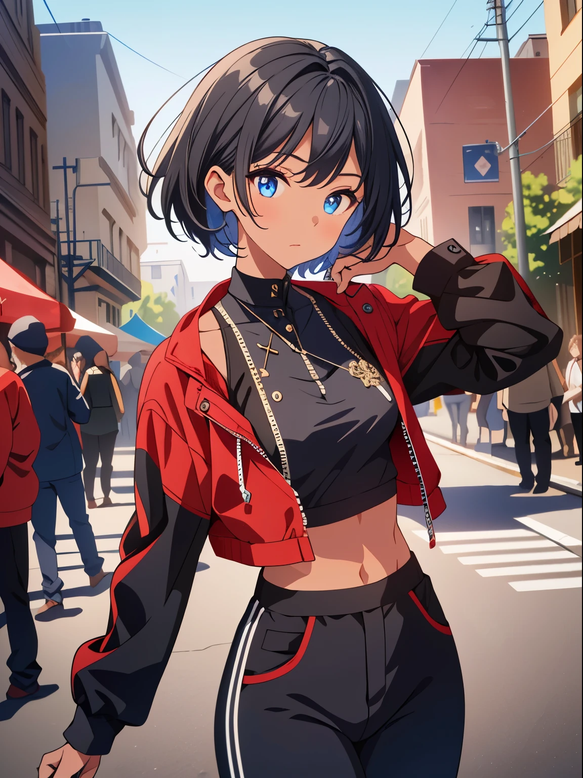 dreamy, (masterpiece), best quality, ( appearance), 1girl, Black short hair, amazing, beautiful detailed eyes, blue eyes, fine details, depth of field, extremely detailed CG, ((Black skin)), red jacket, Black shirt, black pants, small breasts, 8k,(RAW photo, best quality), (beautiful composition, coherent:1.3), best quality, ultra high res, masterpiece, extremely detailed, 8k wallpaper, cinematic lighting, beautiful detailed eyes, extremely detailed eyes and face, perfect anatomy, 1girl, solo,(high detailed skin:1.2), beautiful (skinny:0.8), (black skin:0.2), (Strong body:0.8), Looking at viewer, street background