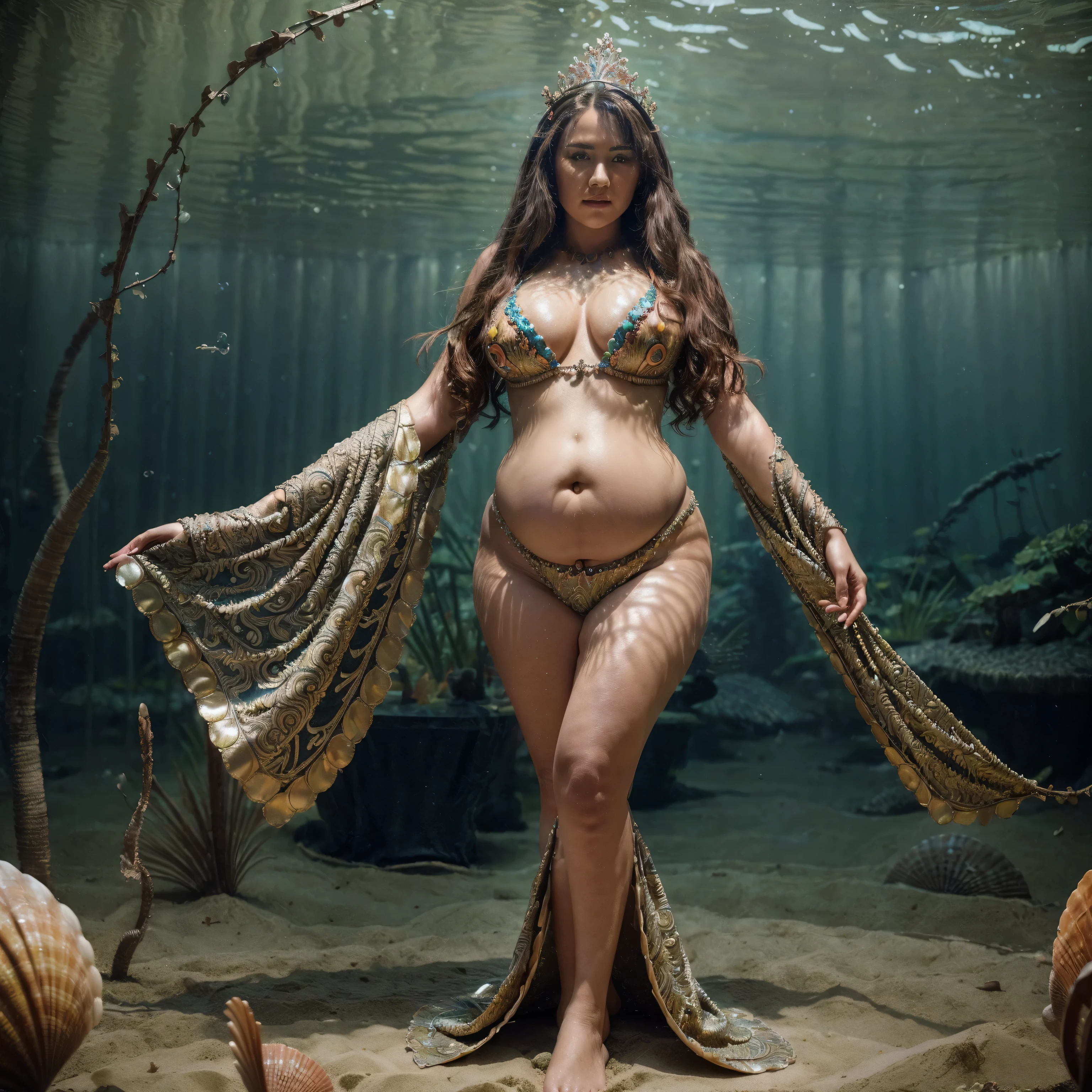 (masterpiece, top quality, best quality, official art, beautiful and aesthetic:1.8), (1girl:1.3), extremely detailed, (colorful:1.5), (20 years old), blonde hair, ((blowing long hair )) ,Anna semenovich, ((A sexy fat voluptuous mature obese)), ((very full body, very full figure, very curvy, chubby, navel, very thicc, very thick, fat thighs)), ((stomach obese)), highest detailed,(zentangle:1.4), full body, (shiny skin), (super detailed anatomi), (super detailed face), (((most unique costume))), ((shell crown)),A breathtaking mermaid with iridescent scales and long, flowing hair swims gracefully through a coral reef filled with colorful fish. ((many air bubbles anf fishes around it)), Sunlight filters through the water, creating a magical atmosphere. (dark lighting), she is standing in the sand,