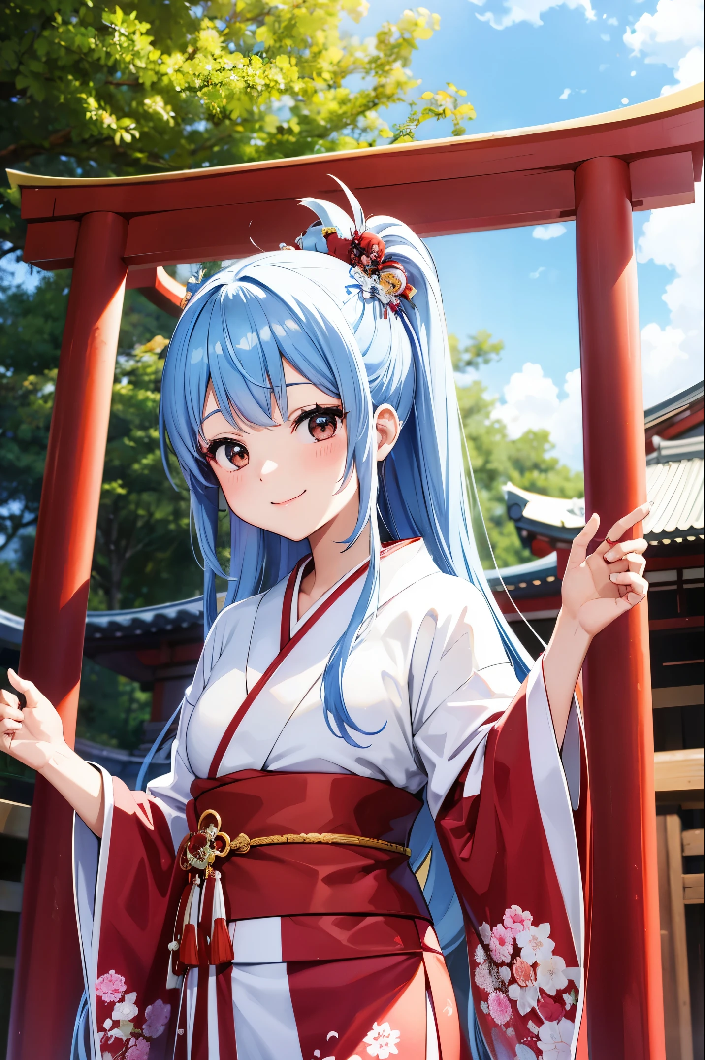 Super Idol Japanese white and red kimono a beauty girl Looking at the camera Black eyes adorable smiling blue hairs Long Twin-tailed shrines