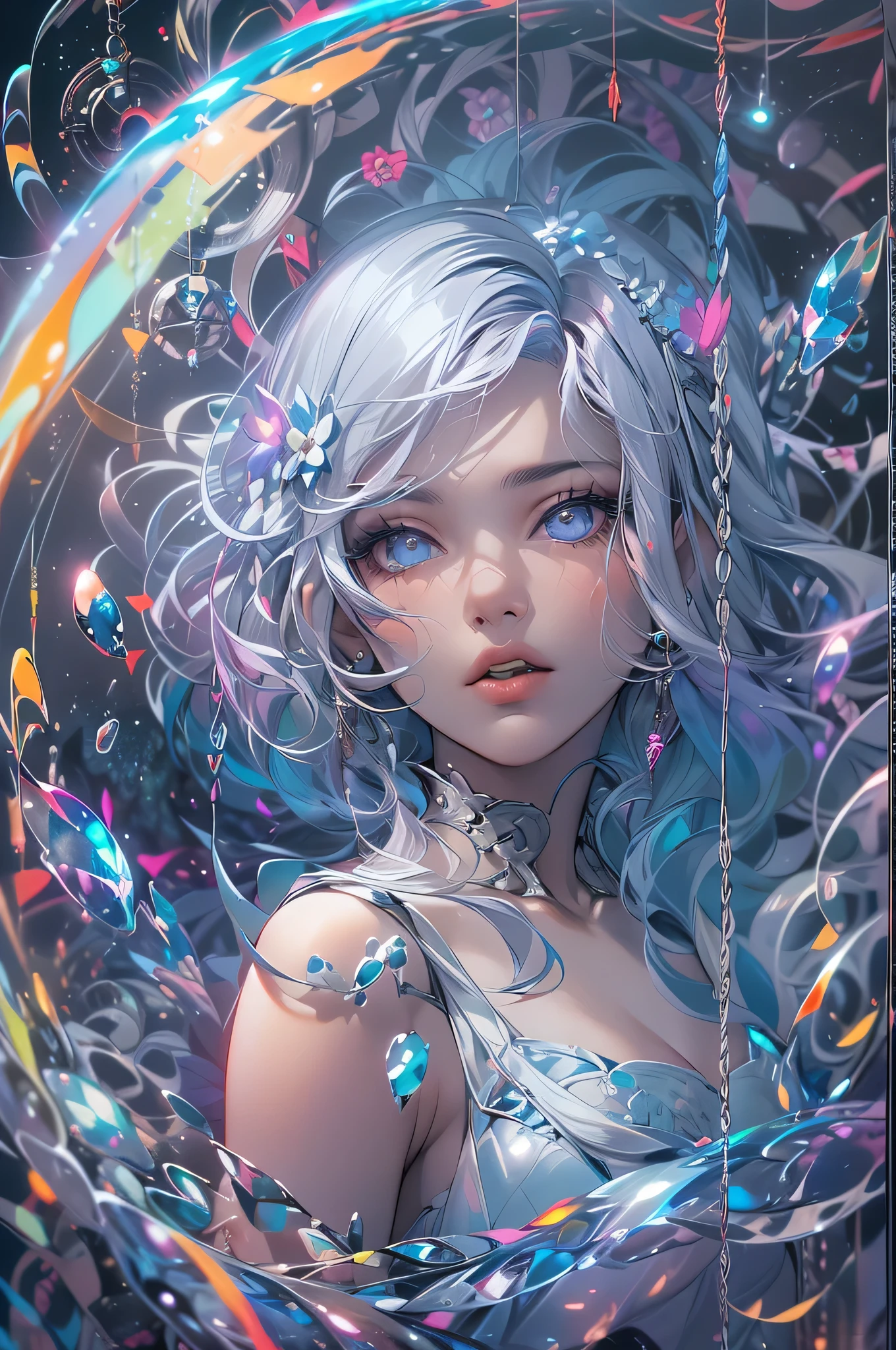 (masterpiece, top quality, best quality, official art, beautiful and aesthetic:1.2), (1 naked girl:1.2), cute, extreme detailed,(abstract:1.4, fractal art:1.3),(silver and blue_hair:1.1), blue eyes,colorful,highest detailed, Beautiful girl trapped inside a big soap bubble,Game of Thrones,Tai Chi,