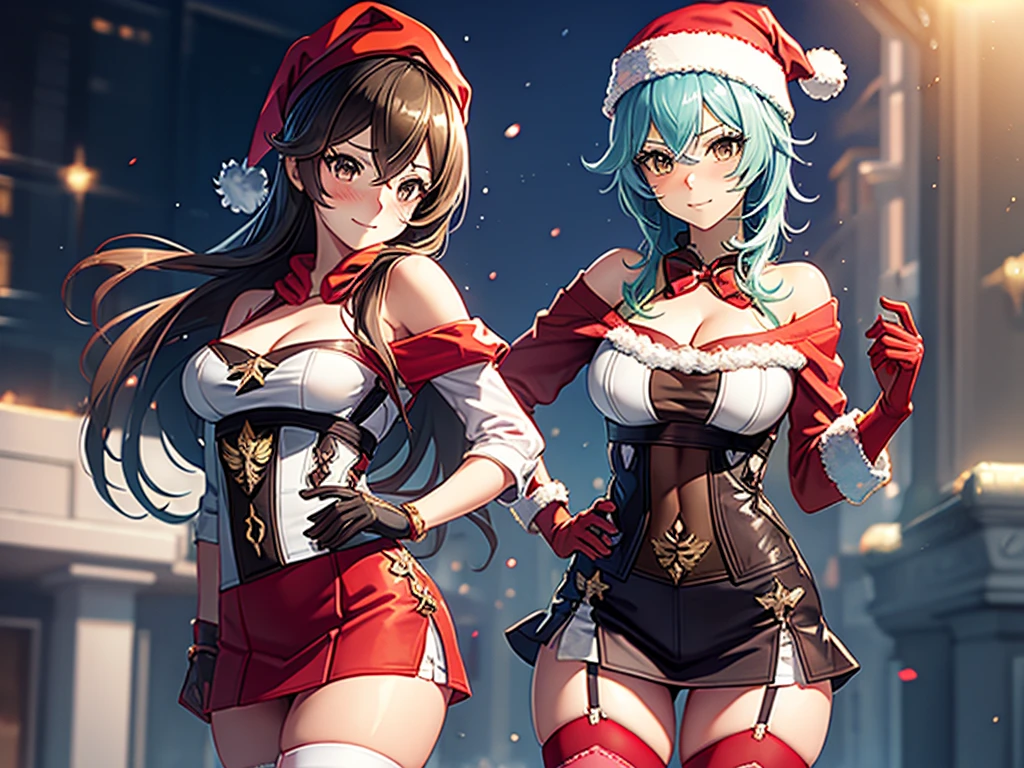 ((masutepiece, Best Quality, hight resolution, Perfect Pixel, 4K)), multiple girls, 2girls, full body seen, ((Beautiful eyelashes, Realistic eyes)), ((Detailed face, Blushing:1.2)), ((Smooth texture:0.75, Realistic texture:0.65, Photorealistic:1.1, Anime CG style)), Dynamic Angle, Perfect body, ((Santa Claus Costume, Red knitted hat, red and white off shoulder sweater, red and white flared skirt, Black garter stockings, Shy smile)) BREAK euladef, short hair, BREAK amber5star,