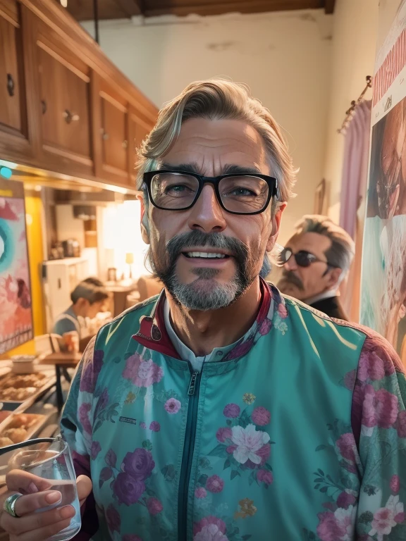 "Verwandeln Sie die Kulisse in eine 70er Jahre Party Disco, Shows an attractive male protagonist with a very realistic face. Deliver stunning 4k resolution. Disco Stew Style"