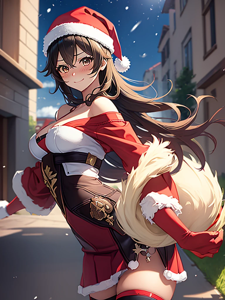 masterpiece, (detailed, highres, best quality), 1girl, solo, landscape, city, outdoors, christmas tree, shopping mall, gifts, christmas lights, santa hat, santa costume, <lora:spsubresKiri:1> hair between eyes, ear piercing, fox tail, large tail, hairclip, gigantic breasts