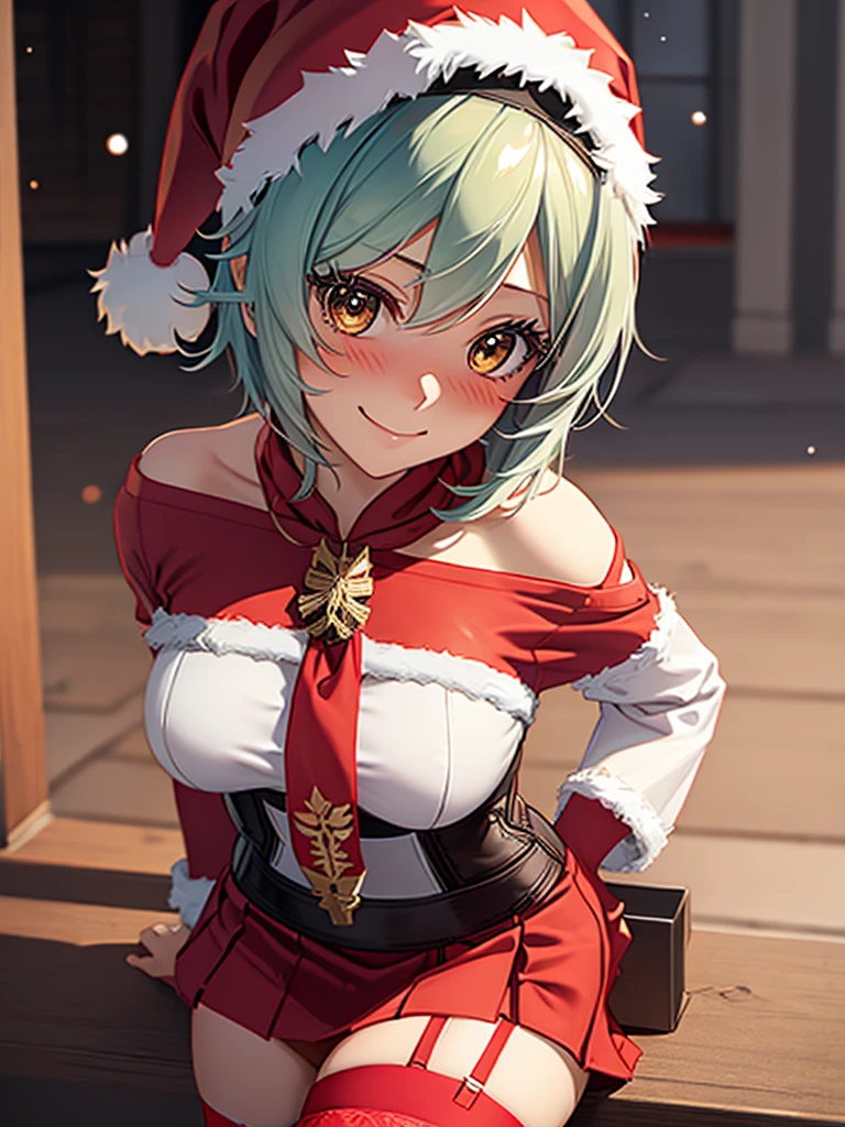 ((masutepiece, Best Quality, hight resolution, Perfect Pixel, 4K)), multiple girls, 2girls, full body seen, ((Beautiful eyelashes, Realistic eyes)), ((Detailed face, Blushing:1.2)), ((Smooth texture:0.75, Realistic texture:0.65, Photorealistic:1.1, Anime CG style)), Dynamic Angle, Perfect body, ((Santa Claus Costume, Red knitted hat, red and white off shoulder sweater, red and white flared skirt, Black garter stockings, Shy smile)) BREAK euladef, short hair, BREAK amber5star,