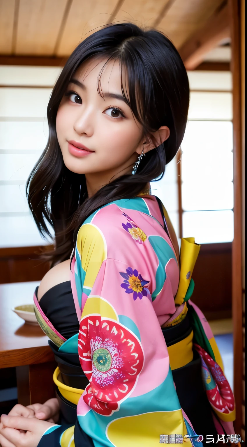 (BEST-QUALITY, MASTERPIECE, ULTRA-HIGH-RESOLUTION, (PHOTOREALISTIC:1.4), RAW-PHOTO, ULTRA DETAILED, PERFECT-ANATOMY),
from above, front view, 1girl, 16-years-old, the most popular Japanese actress, having a lot of fun in home drinking party, ((((completely drunk))), wearing only colorful Japanese-KIMONO, extremely beautiful face like a Japanese famous actress, (extremely beautiful big-black-eyes, extremely beautiful black-solid-circle-eyes), extremely beautiful and extremely realistic skins, extremely beautiful hair, extremely beautiful body, extremely beautiful breasts, extremely beautiful abundant-cleavage, detailed colorful-Japanese-KIMONO, upturned ass, leaning forward
