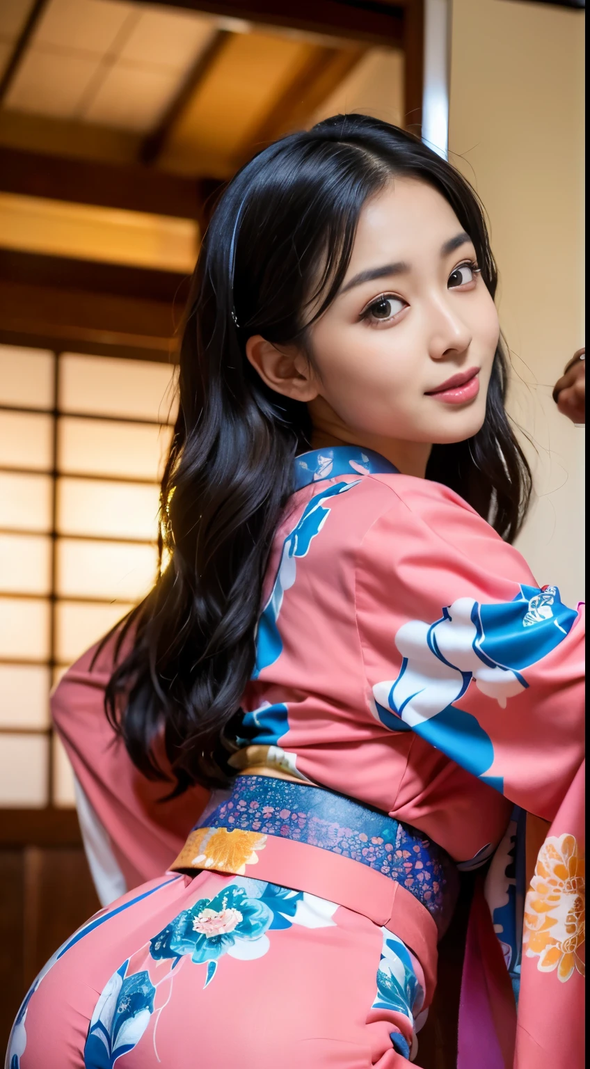 (BEST-QUALITY, MASTERPIECE, ULTRA-HIGH-RESOLUTION, (PHOTOREALISTIC:1.4), RAW-PHOTO, ULTRA DETAILED, PERFECT-ANATOMY),
from above, front view, 1girl, -yeld, thost popular Japanese actress, having a lot of fun in home drinking party, ((((completely drunk))), wearing only colorful Japanese-KIMONO, extremely beautiful face like a Japanese famous actress, (extremely beautiful big-black-eyes, extremely beautiful black-solid-circle-eyes), extremely beautiful and extremely realistic skins, extremely beautiful hair, extremely beautiful body, extremely beautiful breasts, extremely beautiful abundant-cleavage, detailed colorful-Japanese-KIMONO, upturned ass, leaning forward