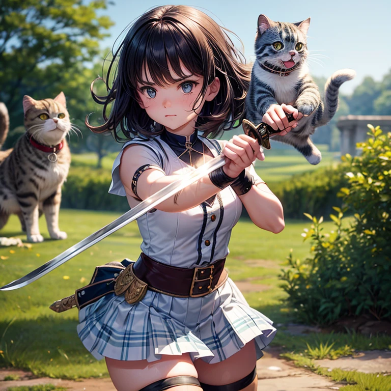 Cute Scottish fold cat wearing battle gear with a set of daggers in hand, depth of field