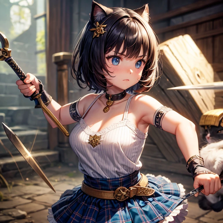 Cute Scottish fold cat wearing battle gear with a set of daggers in hand, depth of field
