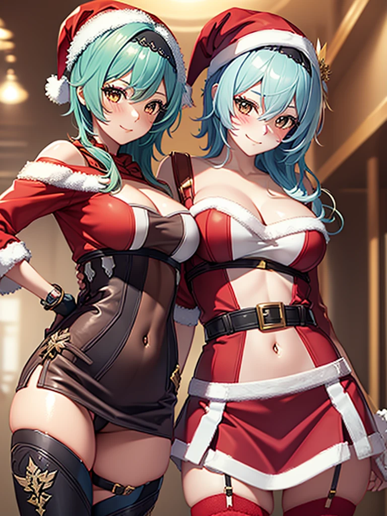 ((masutepiece, Best Quality, hight resolution, Perfect Pixel, 4K)), multiple girls, 2girls, full body seen, ((Beautiful eyelashes, Realistic eyes)), ((Detailed face, Blushing:1.2)), ((Smooth texture:0.75, Realistic texture:0.65, Photorealistic:1.1, Anime CG style)), Dynamic Angle, Perfect body, ((Santa Claus Costume, Red knitted hat, red and white off shoulder sweater, red and white flared skirt, Black garter stockings, Shy smile)) BREAK euladef, short hair, BREAK amber5star,