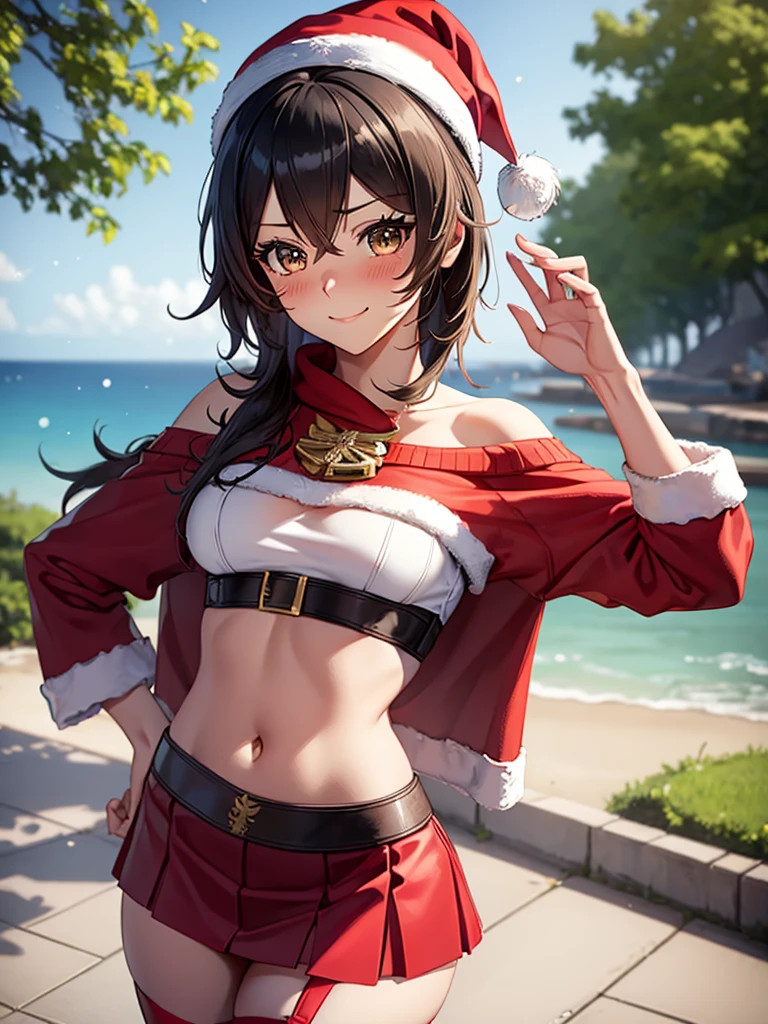 best quality, high quality, beach, 1girl, bikini, cowboy shot, standing, looking at viewer, smile,<lora:BylethFE-FEHXmas-bsinky-v1:0.85> xmasBylethF, cleavage, navel, midriff, sleeveless