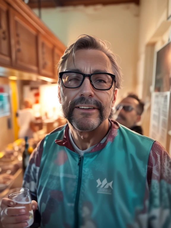 "Verwandeln Sie die Kulisse in eine 70er Jahre Party Disco, Shows an attractive male protagonist with a very realistic face. Deliver stunning 4k resolution. Disco Stew Style, Beer"