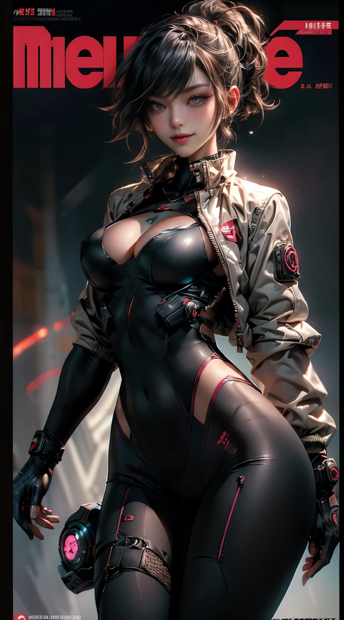 8K, Best Quality, Masterpiece, Ultra High Resolution, cyberpunk magazine cover:1.4, 1A Cyberpunk Girl wearing Harajuku tech jacket with corporate logos, sexy skintight body suit, insane details, full body shot, Beautiful Eyes and Face Details, Masterpiece magazine cover, Best Quality cyberpunk magazine cover, Master Work, Excellent Details, High Quality Painting Details, Breath-Breathing, Absolute Beauty, Slender Neck, Long Eyelashes, Sweet Eyes, Dynamic Angle Problem Extreme Picture Quality, Glossy Lips, Supple Fair and Translucent Skin, Rich Details, Bright Colors, Strong Contrast, Soft Light Effects, Clear Outline, Streamlined, Charming smile, sparkling eyes, perfect body proportions, slender waist, large breasts, cleavage.