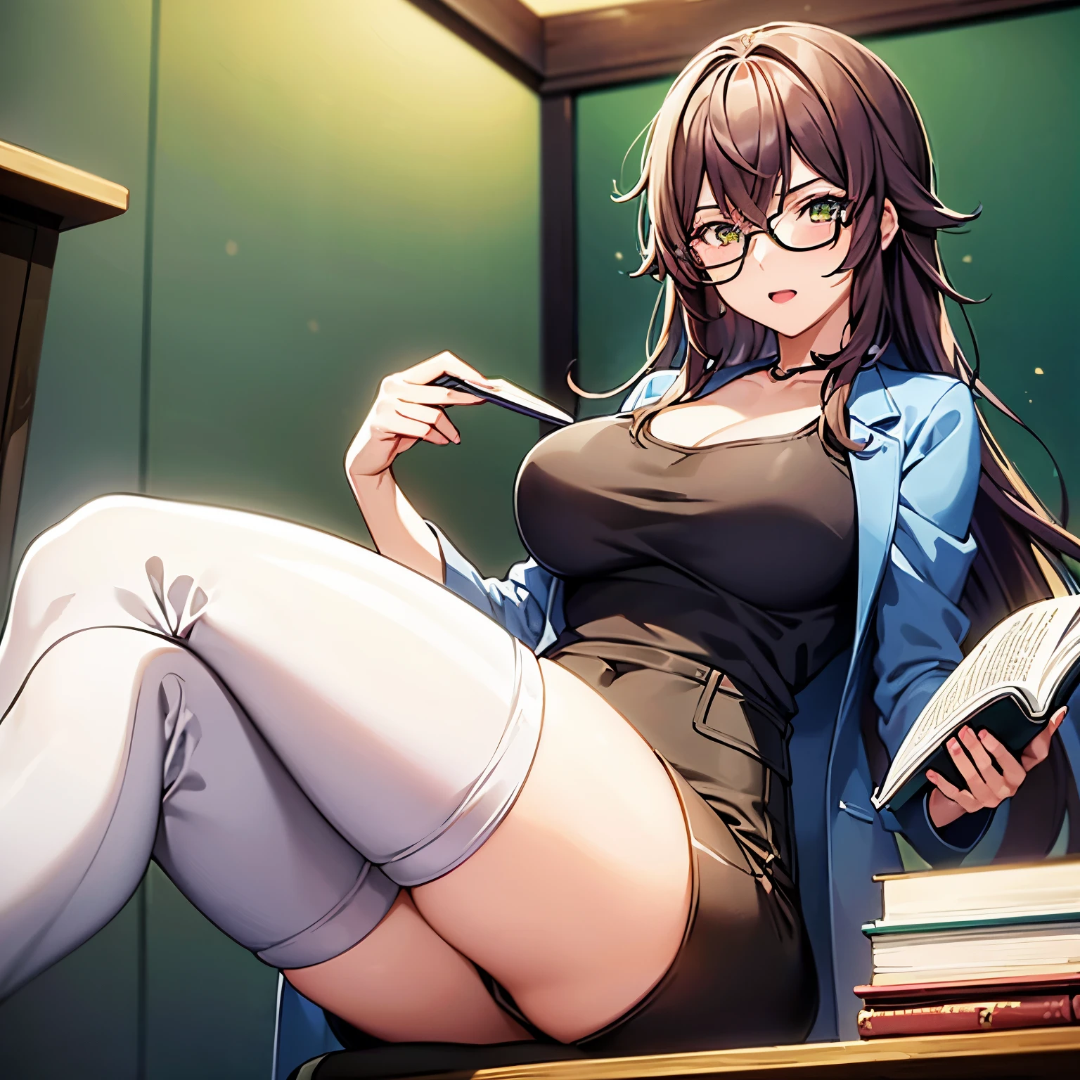 1girl, mature with long faded dark brown hair and green eyes wearing a white lab coat, blue shorts, thigh high brown boots, sitting on a desk next to a plush of an owl, reading a book, mature, anime style, anime girl, anime mature anime girl, advanced digital art, !!full body portrait!!, inspired by Taiyō Matsumoto, inspired by Sakai Hōitsu, anime art, character adoptable, full body adoptable, full body!, anime style character
