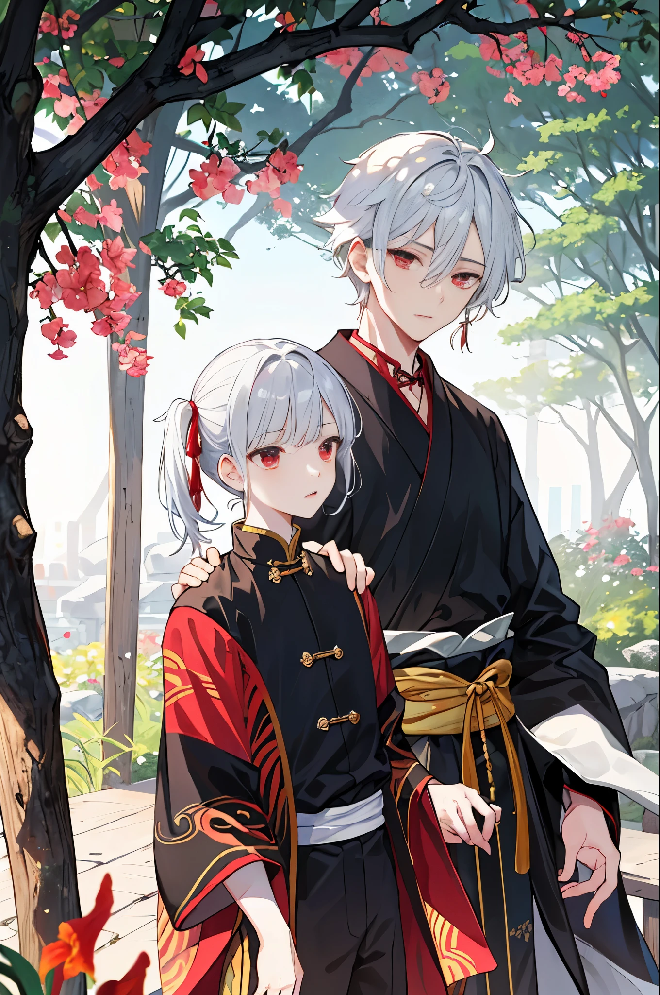 tmasterpiece，need，of a guy，Chinese style，Chinese Ancient Times，White hair，bright red eyes，split ends，Long gray hair，With long bangs，high ponytails，Handsome，Masculine，gentleness，Otaka，A piece of tranquility，black toga，allure，tree branch，amaryllis， Young person，Stable expression，