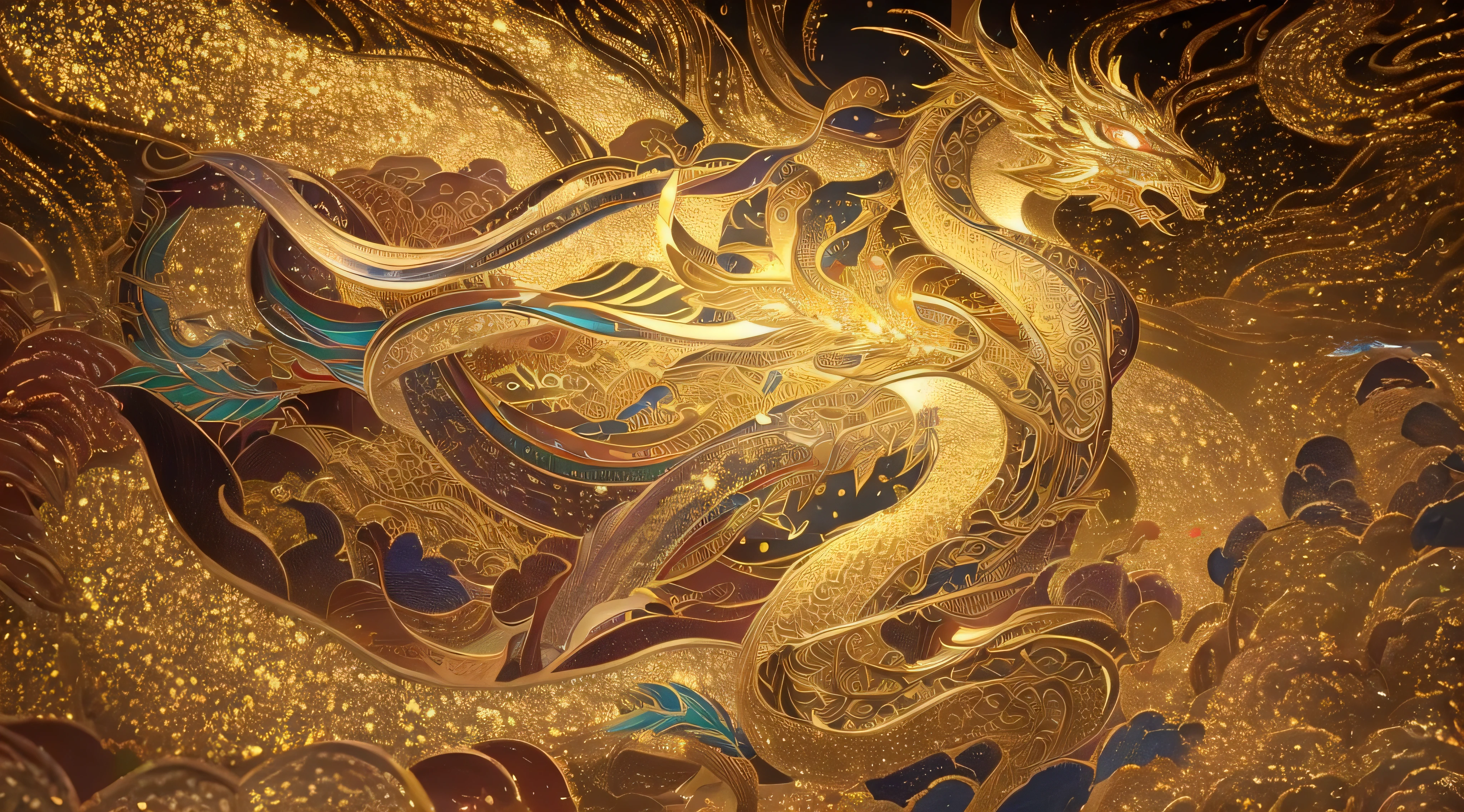 golden line drawing, shiny silver dragon, a happy new year,extremelycomplicateddetails,New Year festive atmosphere, (Best quality, 8K, A high resolution, tmasterpiece:1.2), ultra - detailed,Vibrant colors,Correct anatomy,The lines are beautiful and smooth
