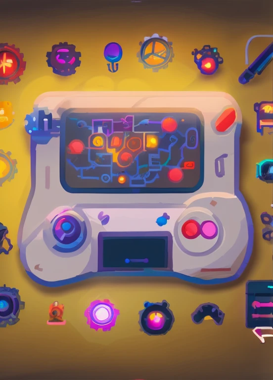 A close-up of a game controller with various icons around it, mobile game style, gear icon, Game Icons, light bulb icon representing brainstorm, paper icon with writing, scratching pen icon, organization chart icon, conceito de design de jogos, mobile arte do jogo, Interface do jogo asset design, 2 d jogo lineart behance hd, Jogo 2D Lineart Behance HD, interface do jogo, Video game.