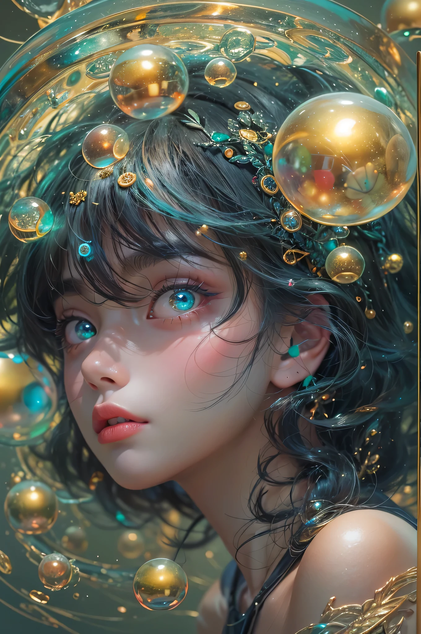 (masterpiece, top quality, best quality, official art, beautiful and aesthetic:1.2), (1  girl:1.2), cute, extreme detailed,(abstract:1.4, fractal art:1.3),(black_hair:1.1), gold eyes,colorful,highest detailed, Beautiful girl trapped inside a big soap bubble,gold