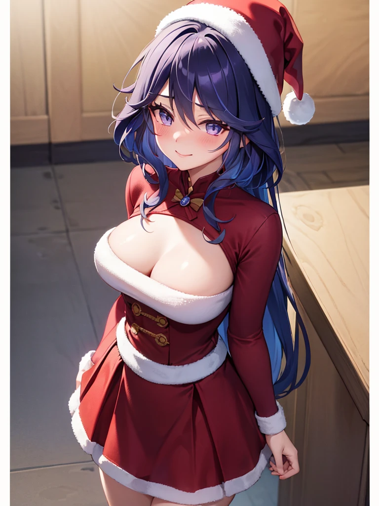 ((masutepiece, Best Quality, hight resolution, Perfect Pixel, 4K)), multiple girls, 2girls, full body seen, ((Beautiful eyelashes, Realistic eyes)), ((Detailed face, Blushing:1.2)), ((Smooth texture:0.75, Realistic texture:0.65, Photorealistic:1.1, Anime CG style)), Dynamic Angle, Perfect body, ((Santa Claus Costume, Red knitted hat, red and white off shoulder sweater, red and white flared skirt, Black garter stockings, Shy smile)) BREAK raidenshogundef, BREAK furina
