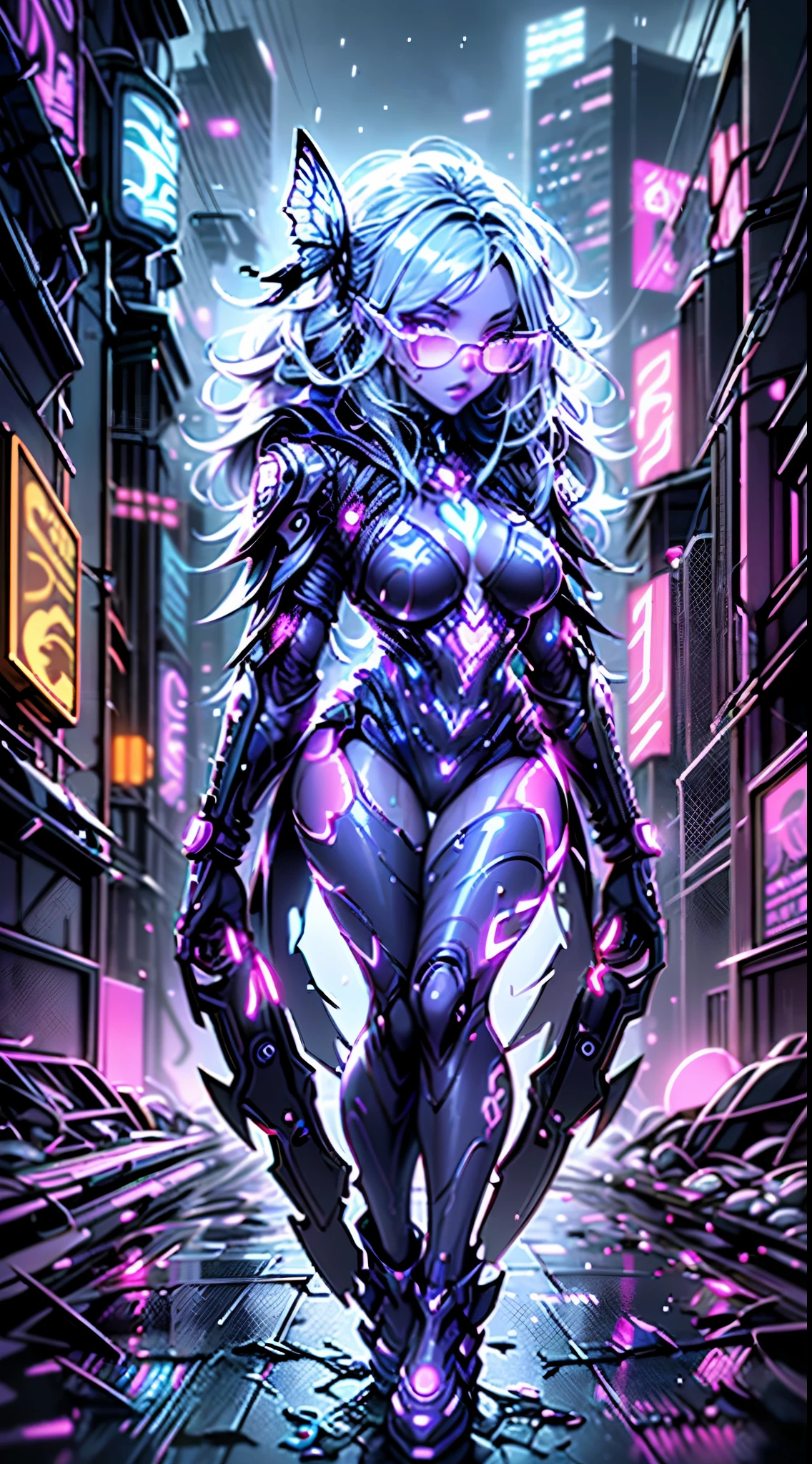 (best quality,4k,8k,highres,masterpiece:1.2),ultra-detailed,(realistic,photorealistic,photo-realistic:1.37),cyberpunk girl,Neon Kaleidoscopixie,girl with vibrant neon hair,vibrant glowing eyes,glowing neon tattoos on her body,high-tech cybernetic implants,shimmering holographic clothing,gritty  cityscape background,bright neon lights and signs reflecting on wet pavement,pixelated digital rain falling,giant holographic animal companions following her,futuristic hoverboard under her feet,deep shadows and contrasting colors,retro-futuristic aesthetics,fluorescent lights creating a surreal atmosphere,visually stunning and immersive,neon-lit underground club scene,sharp focus on her captivating expression,iridescent butterfly wings sprouting from her back,energetic cyberpunk music playing in the background,cityscape illuminated by neon skyscrapers,artificial intelligence assistant floating by her side,transparent umbrellas shielding her from the rain,LED light trails following her movement,electric blue and hot pink color palette,evoking a sense of mystery and excitement,blinking neon signs advertising futuristic gadgets,enhanced reality glasses enhancing her vision,holographic art installations evolving in the city,wireframe buildings and floating platforms,interplay of light and shadow creating dramatic effects,mix of organic and mechanical elements depicting the blend of humanity and technology,embracing the spirit of rebellion and individuality,depicting a futuristic world filled with energy and technology advancements.