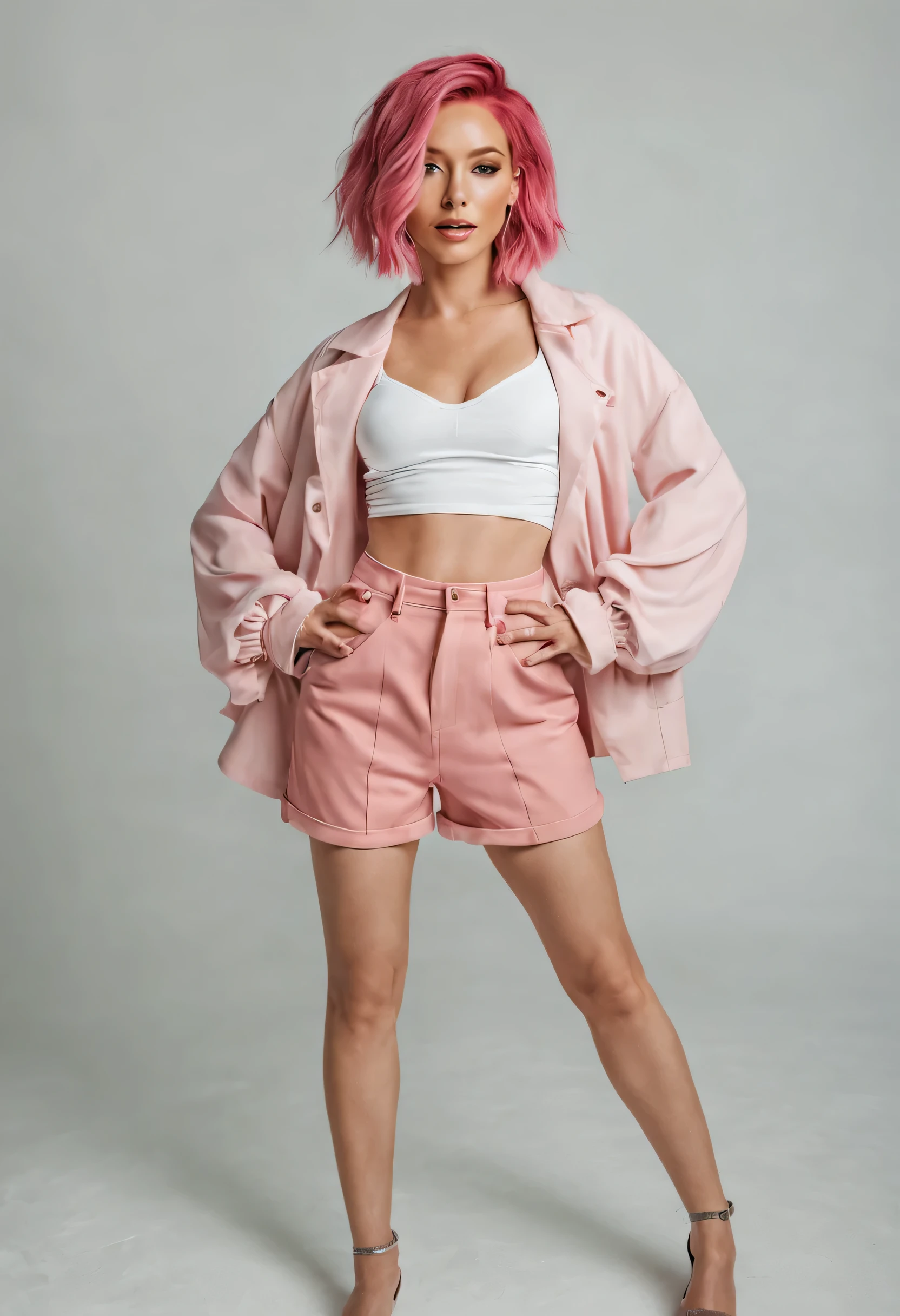 full body shot of woman with pink hair posing