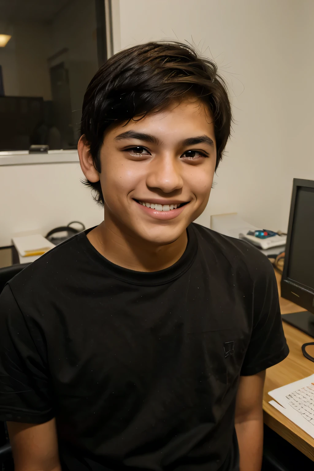 16 year old boy, Latin ethnicity, short black hair, honey colored eyes. From the front, smiling. In a work office