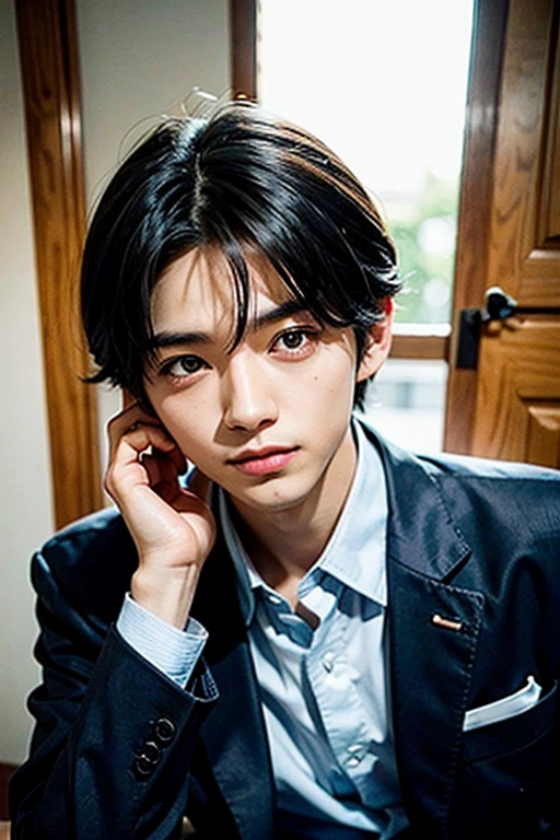 handsome Japanese boy, intelligent, Japanese school uniform for boys with stand-up collar and closed jacket, Tokio, glattes schwarzes langes Haar, traurige graue Augen, Ken Ichijouji von Digimon Zero Two, trauriges, ernstes Gesicht, leicht weibliches Gesicht, hohe Wangenknochen, etwa 15 Jahre alt, Japanischer Gymnasiast, nahaufnahme, schlank, flawless pretty face, traurig
