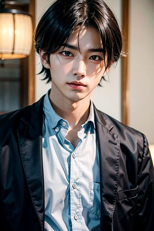 handsome Japanese boy, intelligent, Japanese school uniform for boys with stand-up collar and closed jacket, Tokio, glattes schwarzes langes Haar, traurige graue Augen, Ken Ichijouji von Digimon Zero Two, trauriges, ernstes Gesicht, leicht weibliches Gesicht, hohe Wangenknochen, etwa 15 Jahre alt, Japanischer Gymnasiast, nahaufnahme, schlank, flawless pretty face, traurig