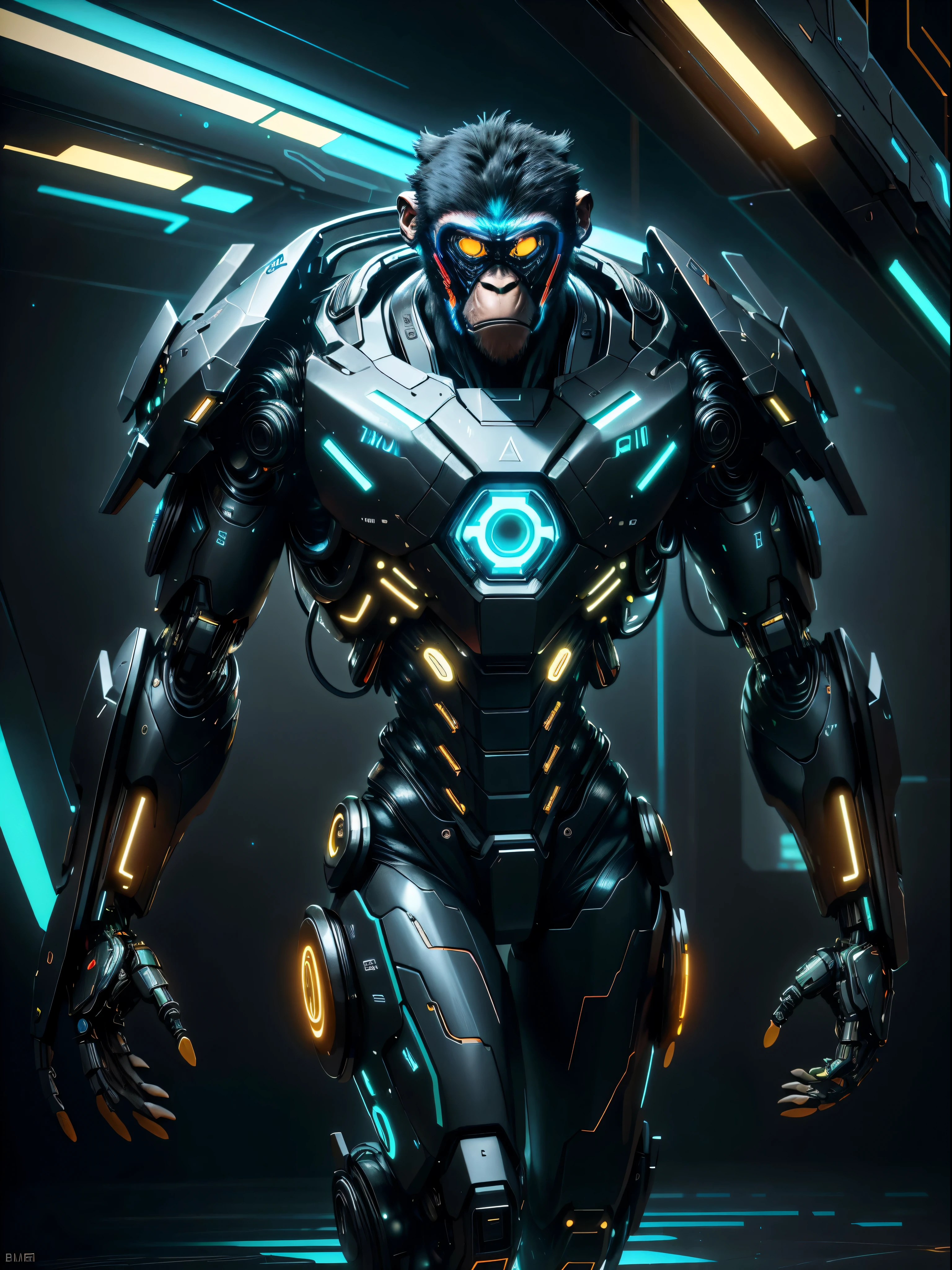 realistic,shiny,reflective,bioluminic, galactic cybernetic mask,mecha,( monkey cyborg:1.2)sh4g0d,GlowingRunes_black, slim body, fullbody, cinemnatic, colourful neon lights in the background, back light, high contrast, colourful