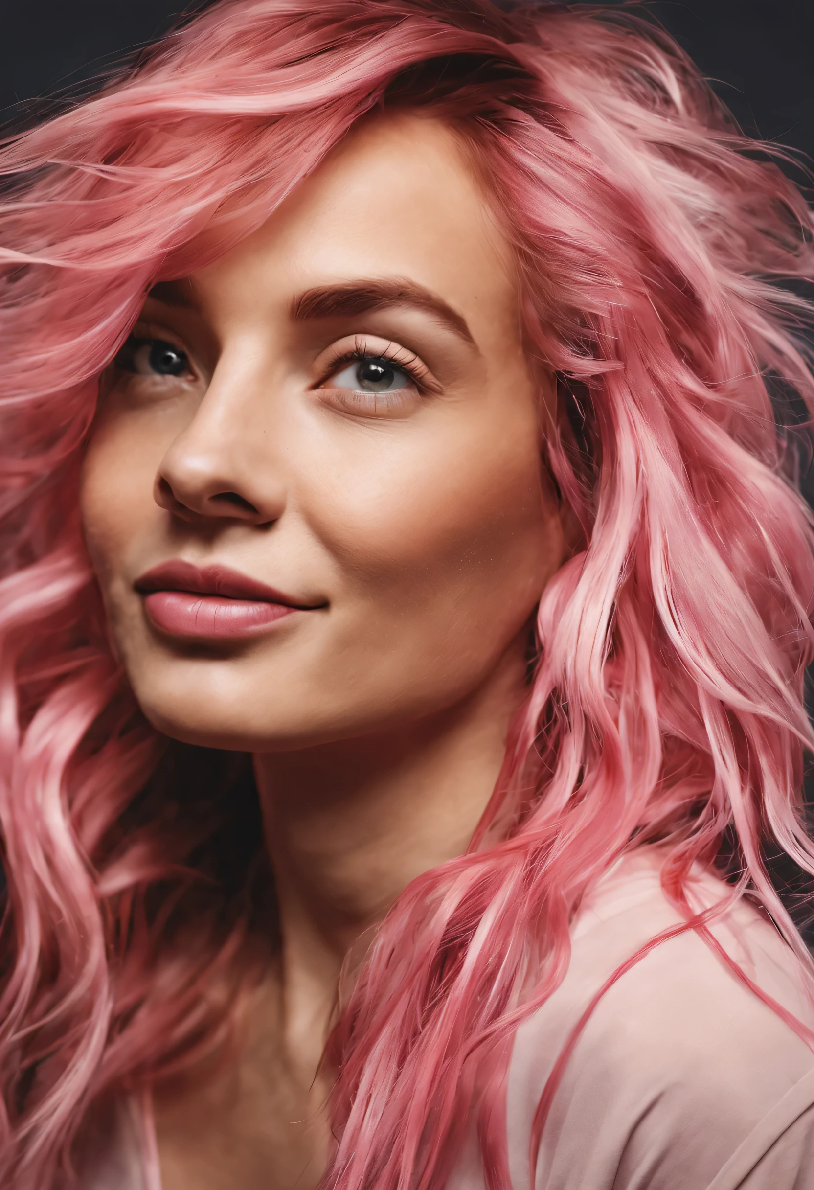 portrait of woman smiling into camera with pink streaks in hair