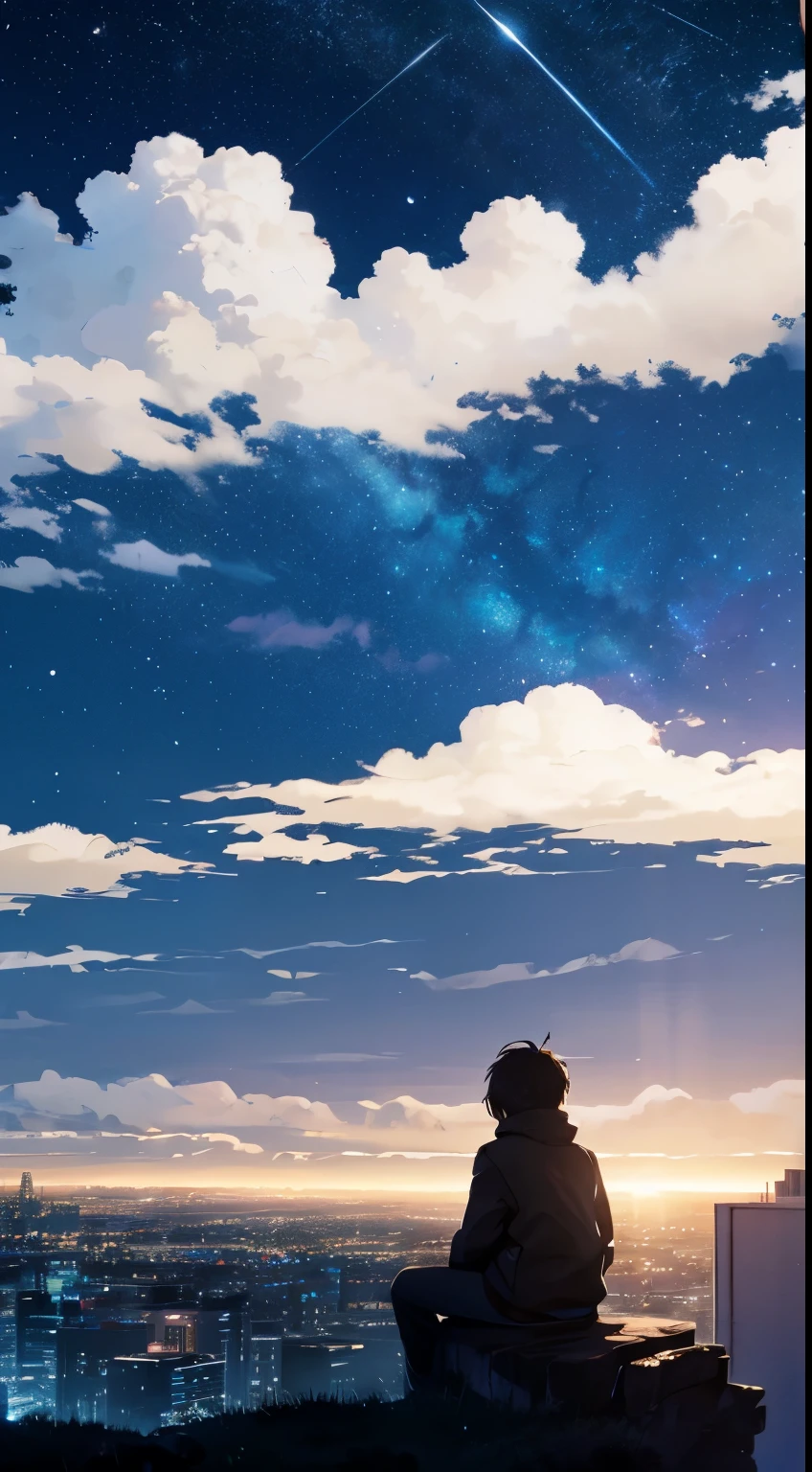 octans, sky, star (sky), scenery, starry sky, night, 1boy, night sky, solo, outdoors, building, cloud, milky way, sitting, tree, standing, city, silhouette, cityscape