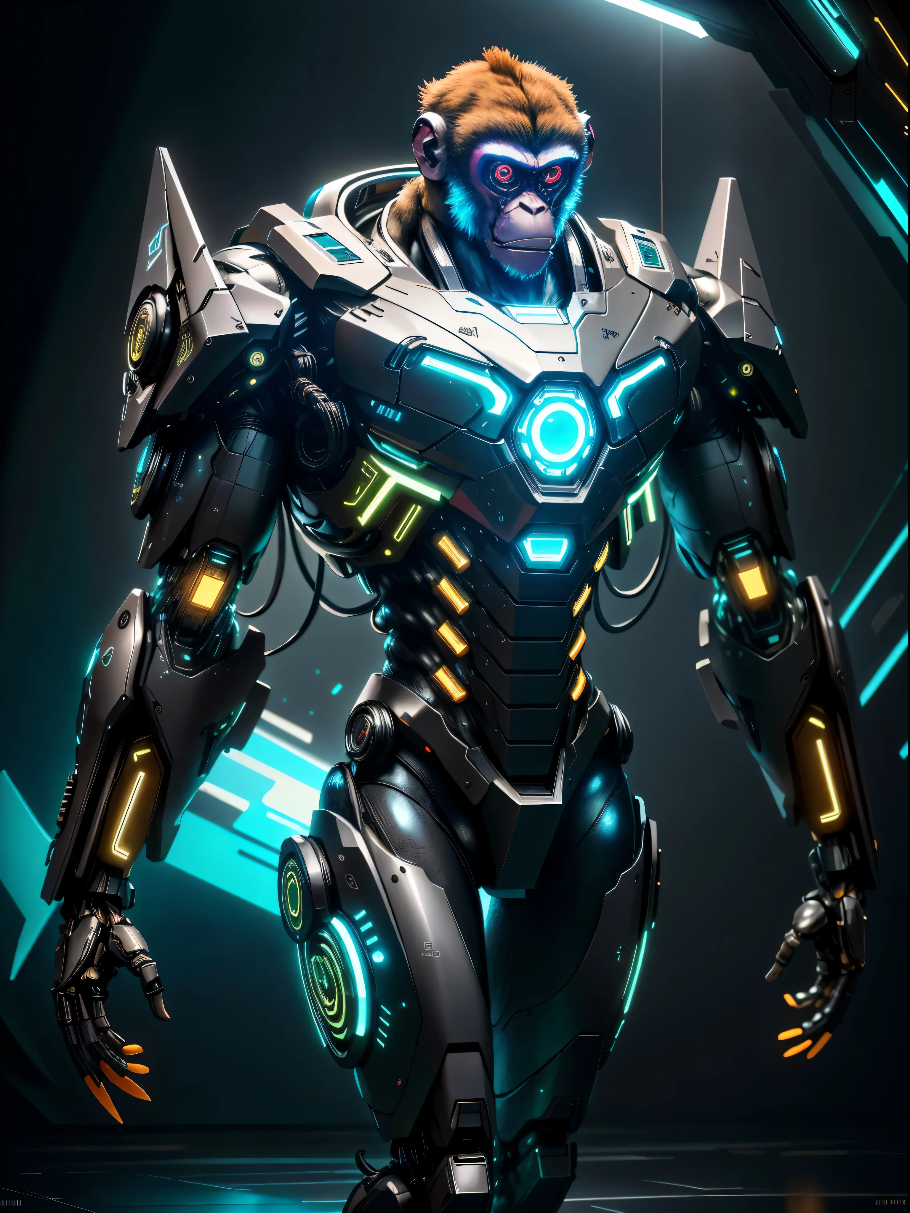 realistic,shiny,reflective,bioluminic, galactic cybernetic mask,mecha,( monkey cyborg:1.2)sh4g0d,GlowingRunes_black, slim body, fullbody, cinemnatic, colourful neon lights in the background, back light, high contrast, colourful