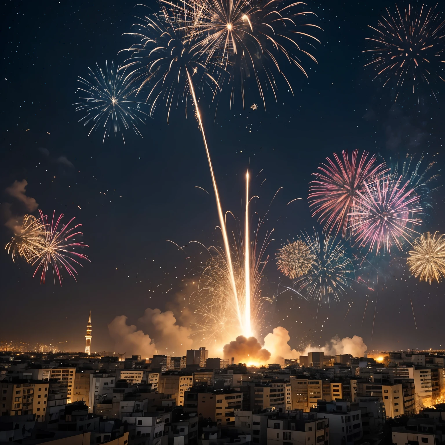 Erstelle ein Bild passend zu Silvester, that simultaneously depicts the tragic events of 2023 such as the attack on Gaza and the earthquake in Turkey and Syria