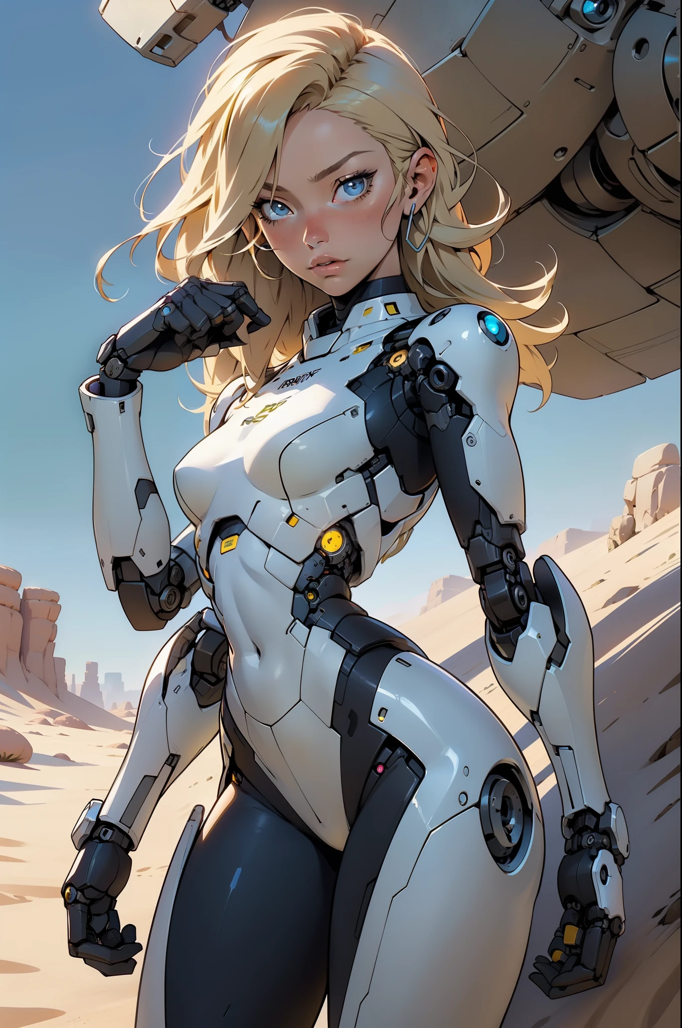 high quality, 4k, masterpiece, beautiful, cyborg girl, cowboy shot, dull eyes, looking at viewer, long blonde hair, girl, small breasts, fit thigh, robotic arms, robotic body, cyborg body, yellow accent, intricate detail, joint, detailed lines, robotic detail, holding fist up, holding hand up as fist, color robotic parts, robotic parts with color, perfect fingers, on a desert planet, sunny background, colorful desert,