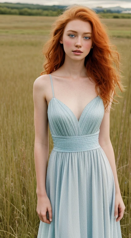 1girl in, age14, Solo, Aesthetic artwork, irish  redhead, wavy ginger hair, shoulder length ginger hair, gray eyes, light grey eyes, some small freckles, pale skin, small breasts, runners body, fullbody shot, perfect tense, (textured skin, skin pores:1.1), (moles:0.8), imperfect skin, goosebumps, wearing blue ornate prom dress, in a grassy field, staring staring away at nothing, sad, depressed expression, (extremely detailed 8k wallpaper), soft lighting, high quality, film grain, Fujifilm XT3 sharp focus, f 5.6, 50mm, High Detail, Sharp focus,(natural light), (seductive), Realistic, ultra realistic, photo realistic, crazy details, complex details, hyper detailed,