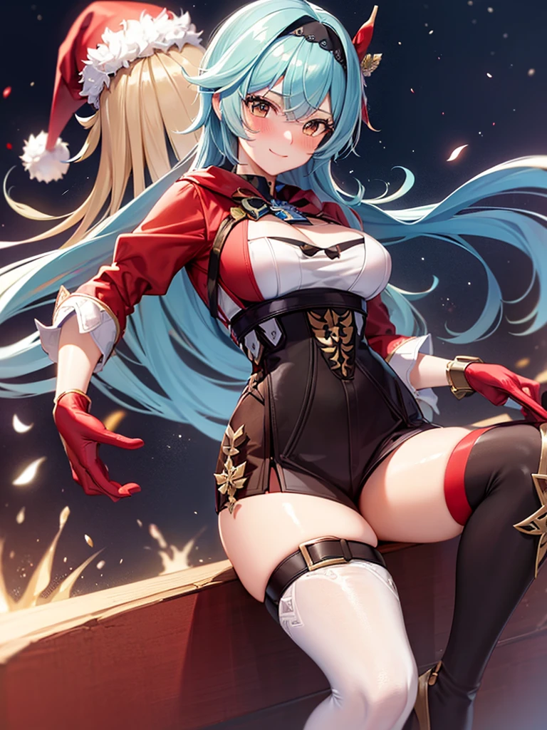 ((masutepiece, Best Quality, hight resolution, Perfect Pixel, 4K)), multiple girls, 2girls, full body seen, ((Beautiful eyelashes, Realistic eyes)), ((Detailed face, Blushing:1.2)), ((Smooth texture:0.75, Realistic texture:0.65, Photorealistic:1.1, Anime CG style)), Dynamic Angle, Perfect body, ((Santa Claus Costume, Red knitted hat, red and white off shoulder sweater, red and white flared skirt, Black garter stockings, Shy smile)) BREAK euladef, short hair, BREAK amber5star,
