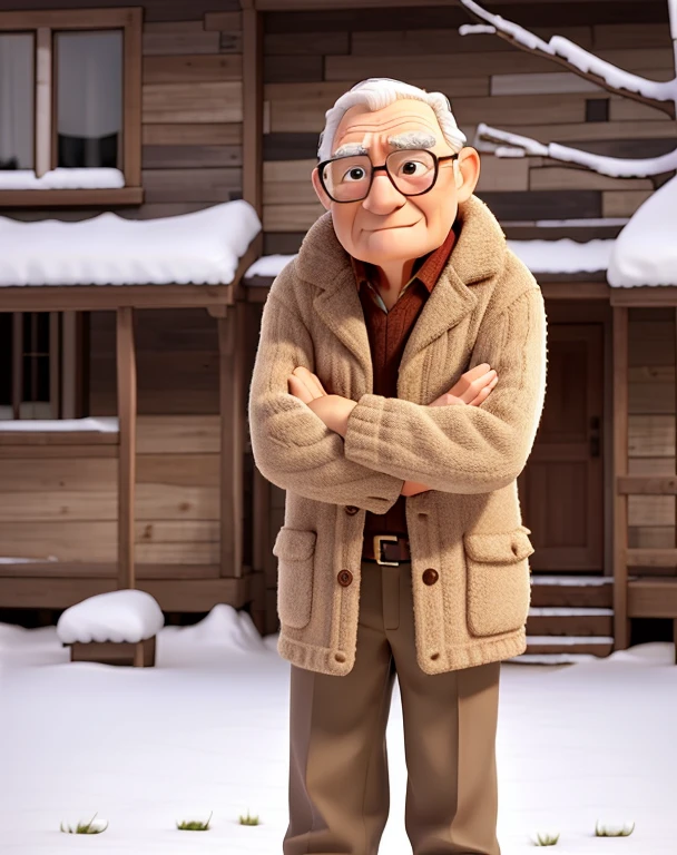 A wise old man standing in front, outside in the snow