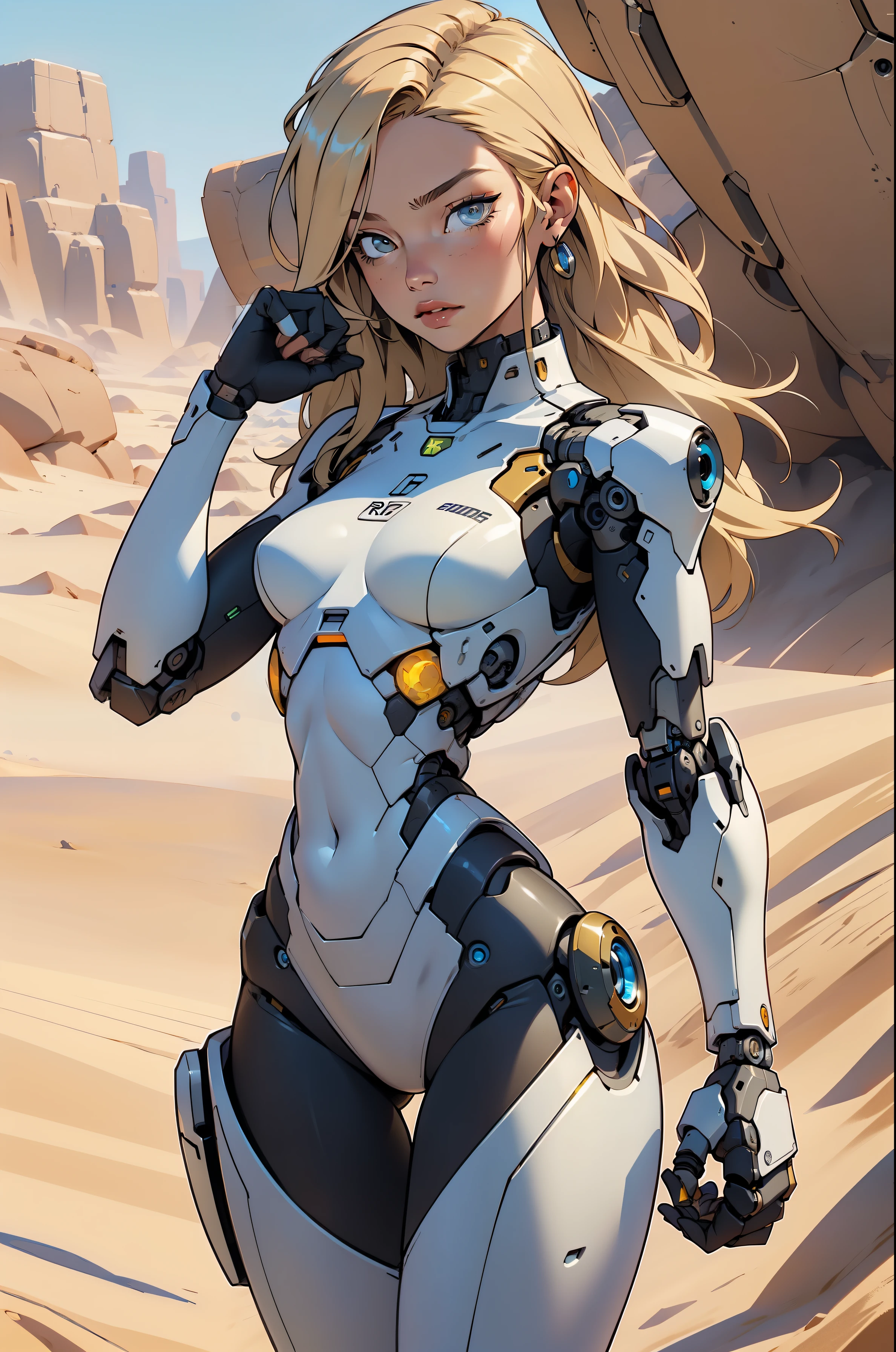 high quality, 4k, masterpiece, beautiful, cyborg girl, cowboy shot, dull eyes, looking at viewer, long blonde hair, girl, small breasts, fit thigh, robotic arms, robotic body, cyborg body, yellow accent, intricate detail, joint, detailed lines, robotic detail, holding fist up, holding hand up as fist, color robotic parts, robotic parts with color, perfect fingers, on a desert planet, sunny background, colorful desert,