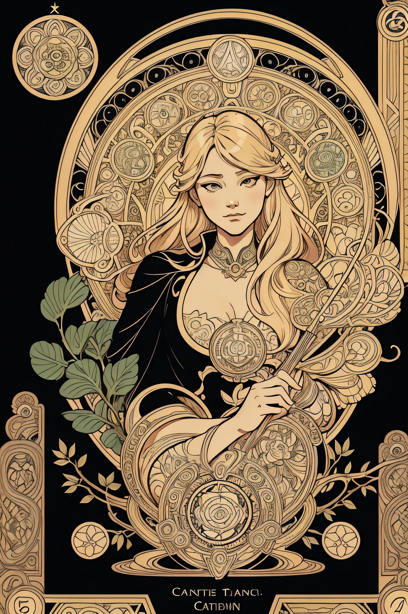 Genshin, light hair, tarot card art, black background, smoke background, line art, clean line art, Nature-themed coloring mandala, and clean line art, coloring book page, adorned in Art Nouveau style, Alfons Mucha, perfect intricate details, realistic.