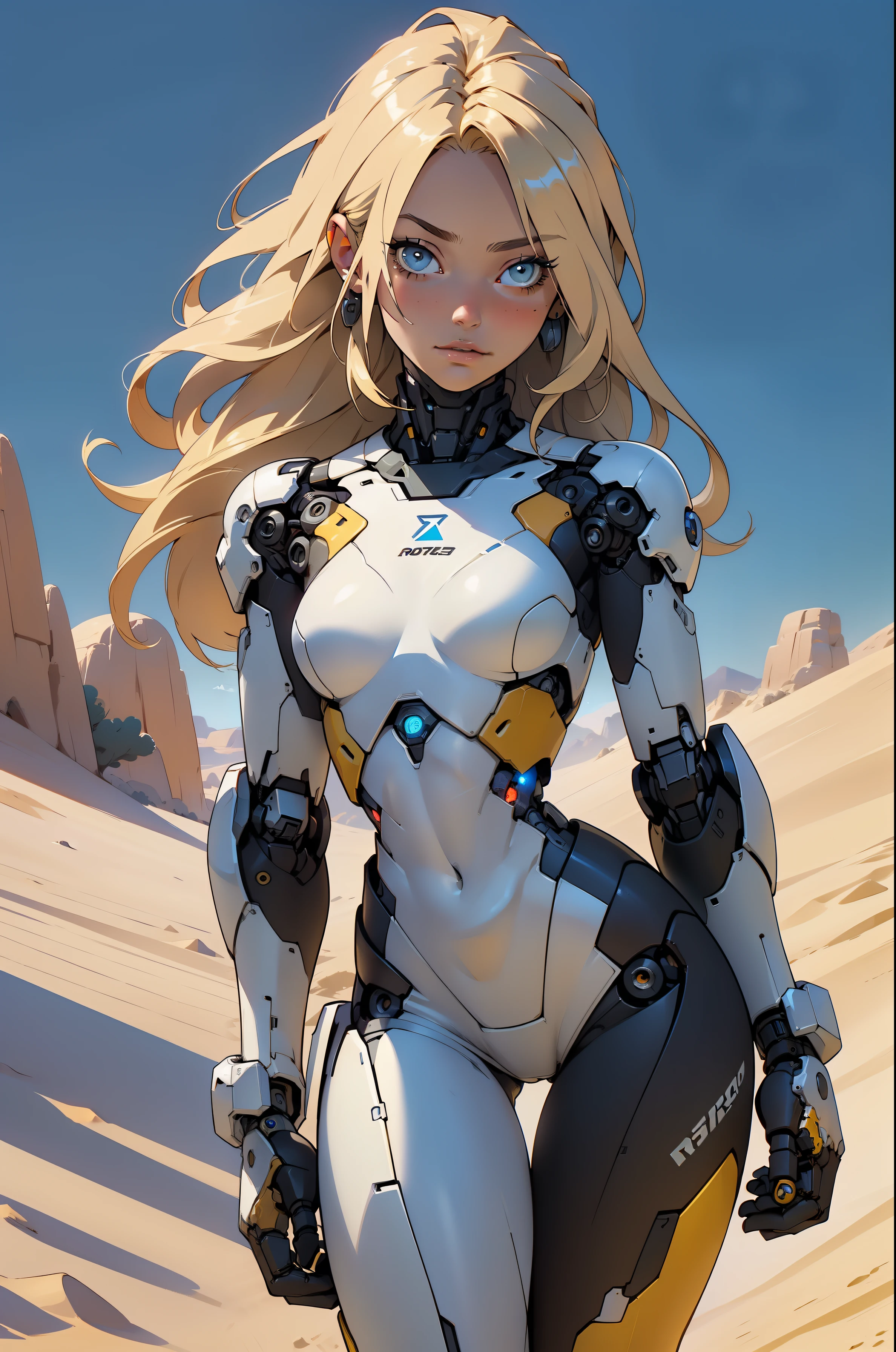 high quality, 4k, masterpiece, beautiful, cyborg girl, cowboy shot, dull eyes, looking at viewer, long blonde hair, girl, small breasts, fit thigh, robotic arms, robotic body, cyborg body, yellow accent, intricate detail, joint, detailed lines, robotic detail, holding fist up, holding hand up as fist, color robotic parts, robotic parts with color, perfect fingers, on a desert planet, sunny background, colorful desert,