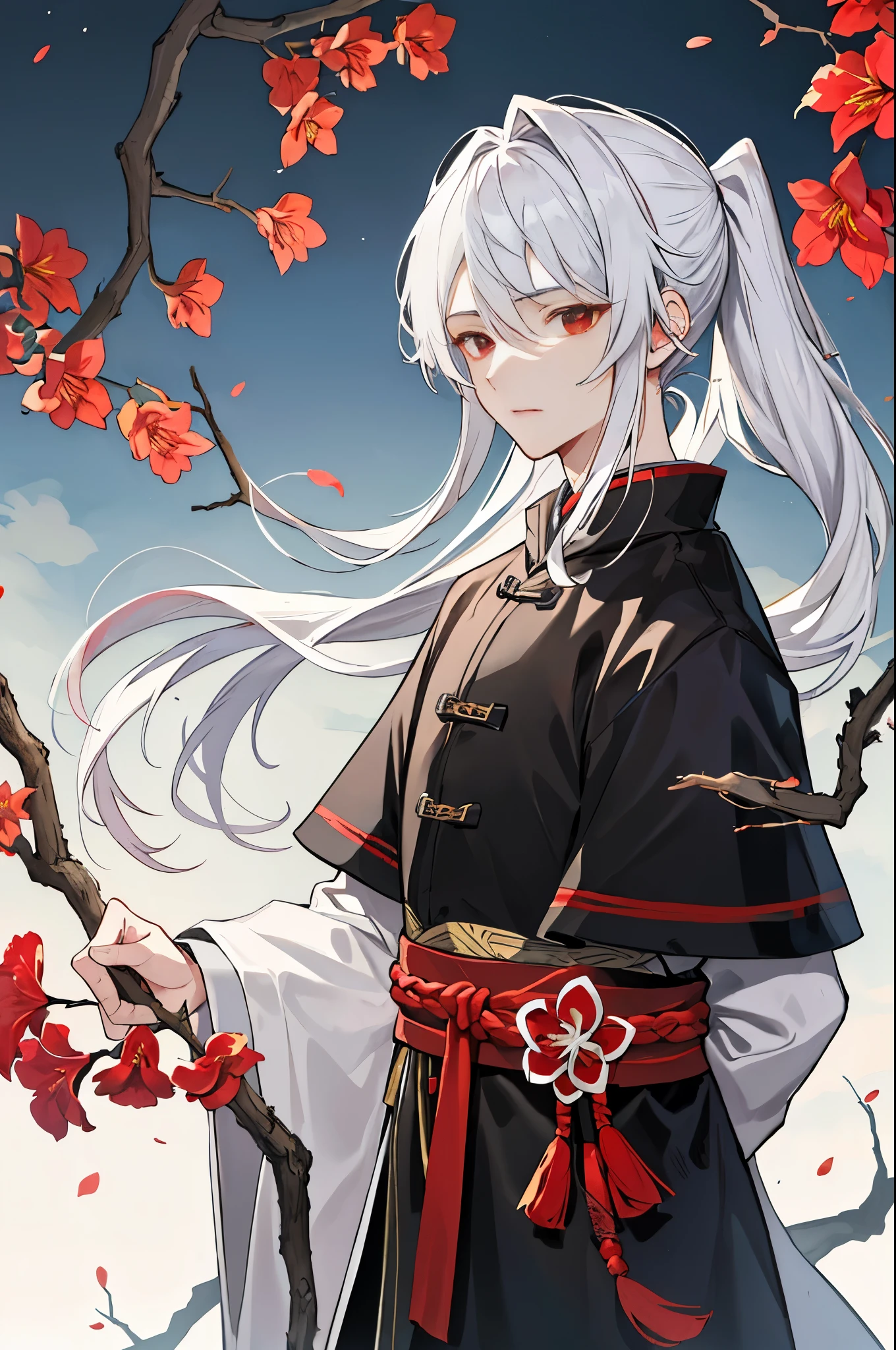 tmasterpiece,need,of a guy,Chinese style,Chinese Ancient Times,White hair,With red eyes,split ends,Long gray hair,With long bangs,high ponytails,Handsome,Masculine,gentleness,Otaka,A piece of tranquility,black toga,allure,tree branch,amaryllis, Young person,Stable expression,