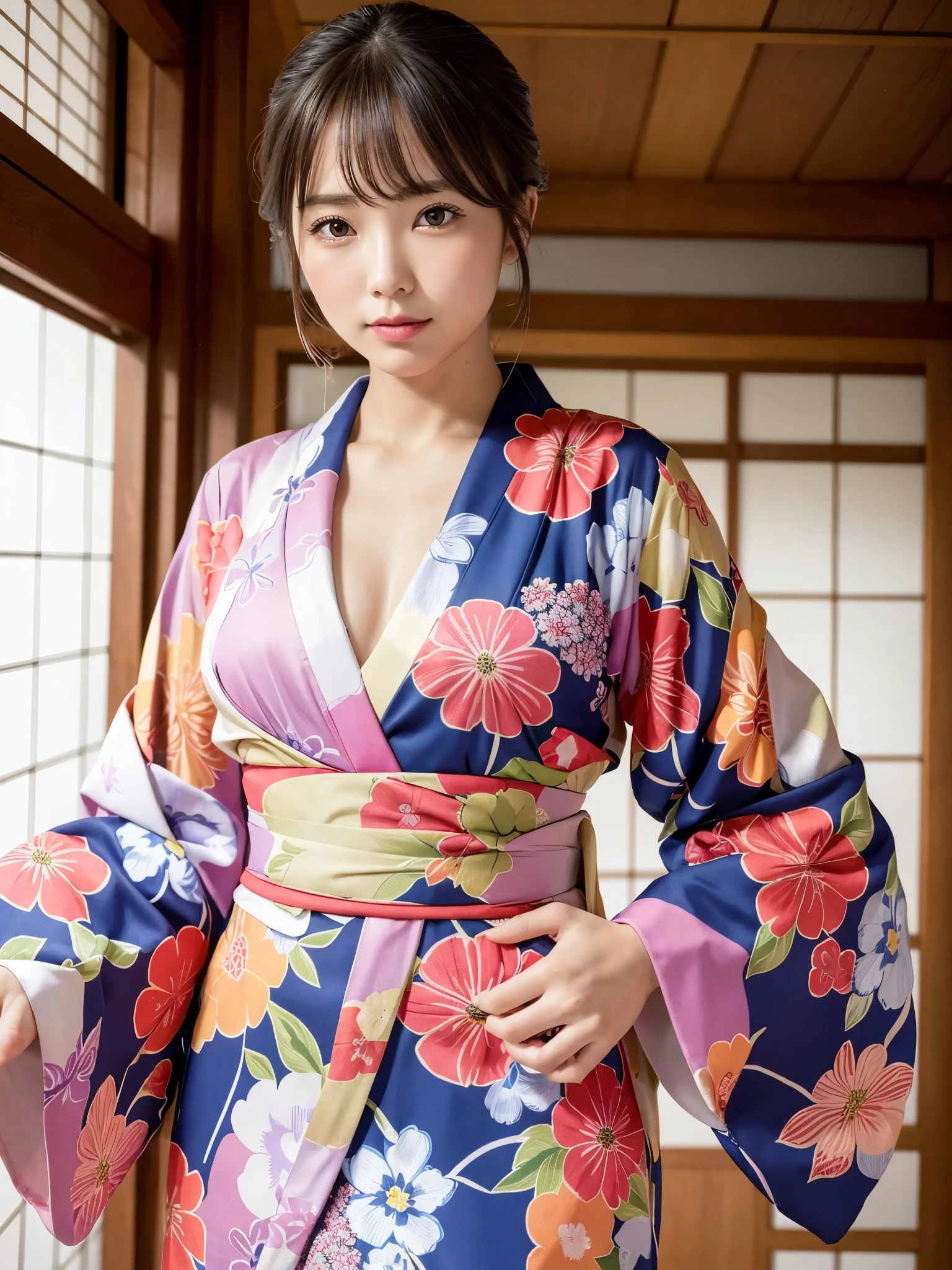 (colorful printed japanese Kimono: 1.2), ((of the highest quality, 8K, masutepiece: 1.3, Raw photo)), Sharp Focus: 1.2, (1 AESPA Girl :1.1), Solo, (Realistic, Photorealistic: 1.37), (Face Focus: 1.1), Cute face, hyperdetailed face, short messy hair, showing Small breasts, flat chest, (office room), (blush: 1.2), moon light, Thigh, spread legs,