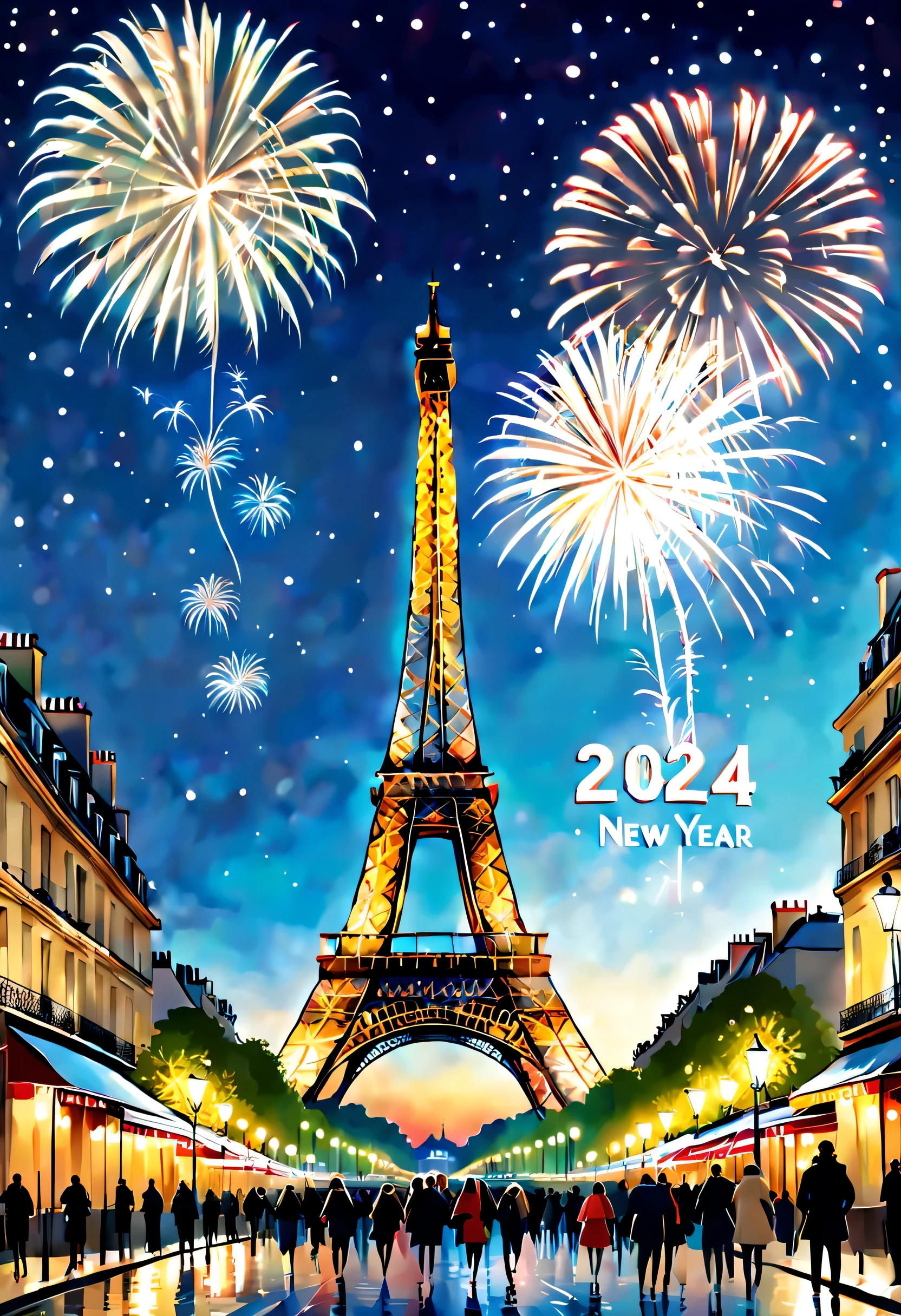 Paris, "Happy New Year", "2024", (best composition), (masutepiece), (Best Quality), (ultra high detail)