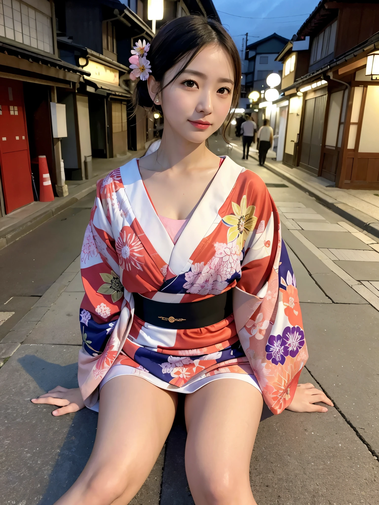 (colorful printed japanese Kimono: 1.2), ((of the highest quality, 8K, masutepiece: 1.3, Raw photo)), Sharp Focus: 1.2, (1 AESPA Girl :1.1), Solo, (Realistic, Photorealistic: 1.37), (Face Focus: 1.1), Cute face, hyperdetailed face, short messy hair, showing Small breasts, flat chest, (city, street), (blush: 1.2), moon light, Thigh, spread legs,